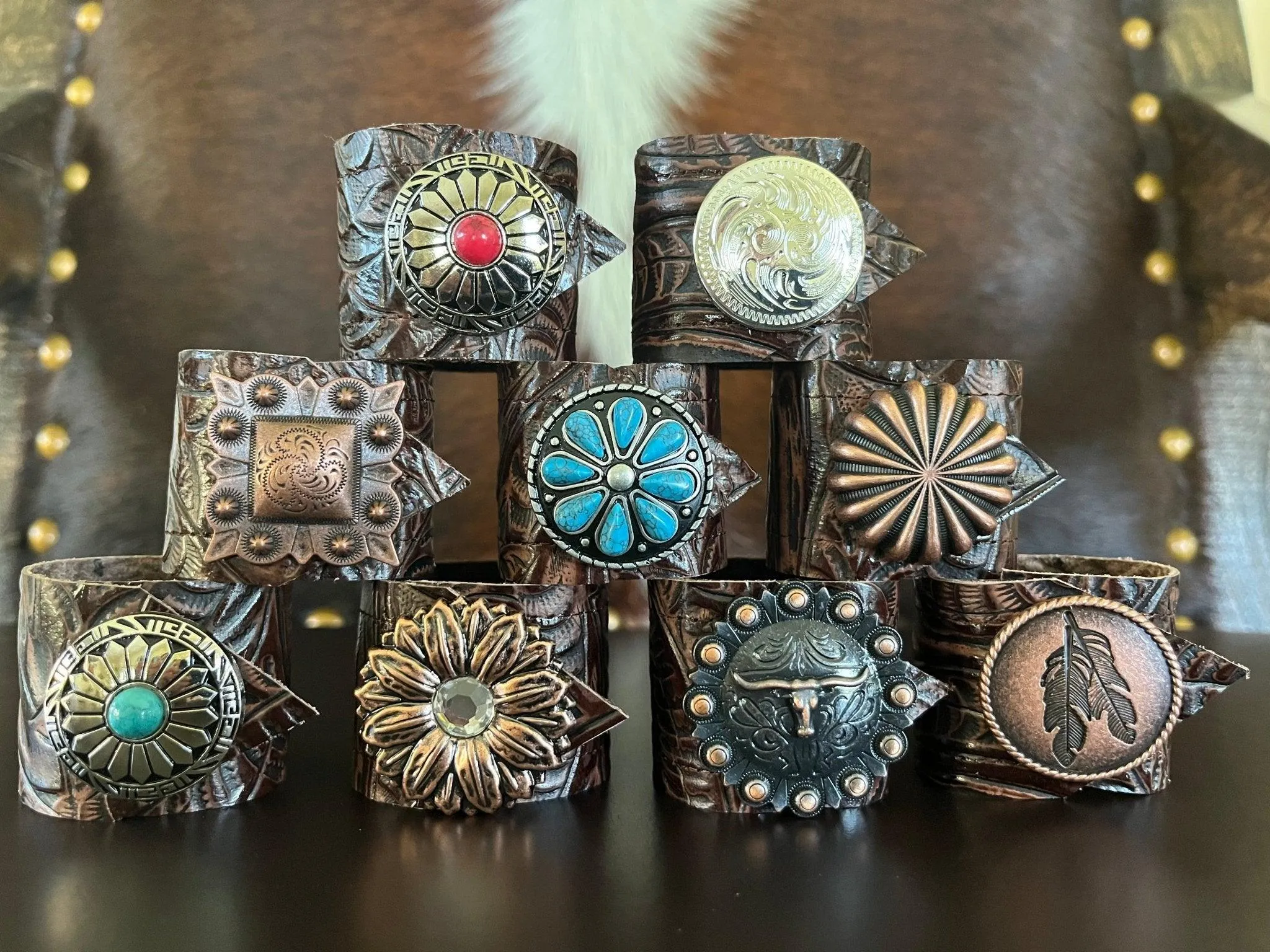 Dallas Tooled Leather Napkin Rings - Color Conchos