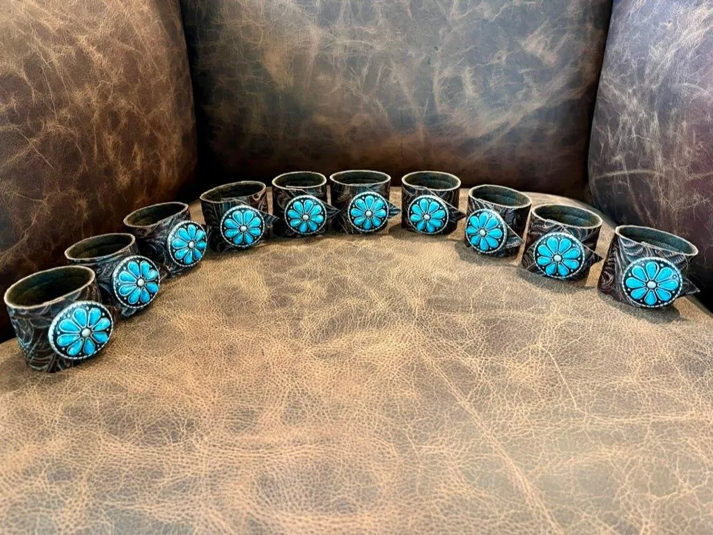 Dallas Tooled Leather Napkin Rings - Color Conchos