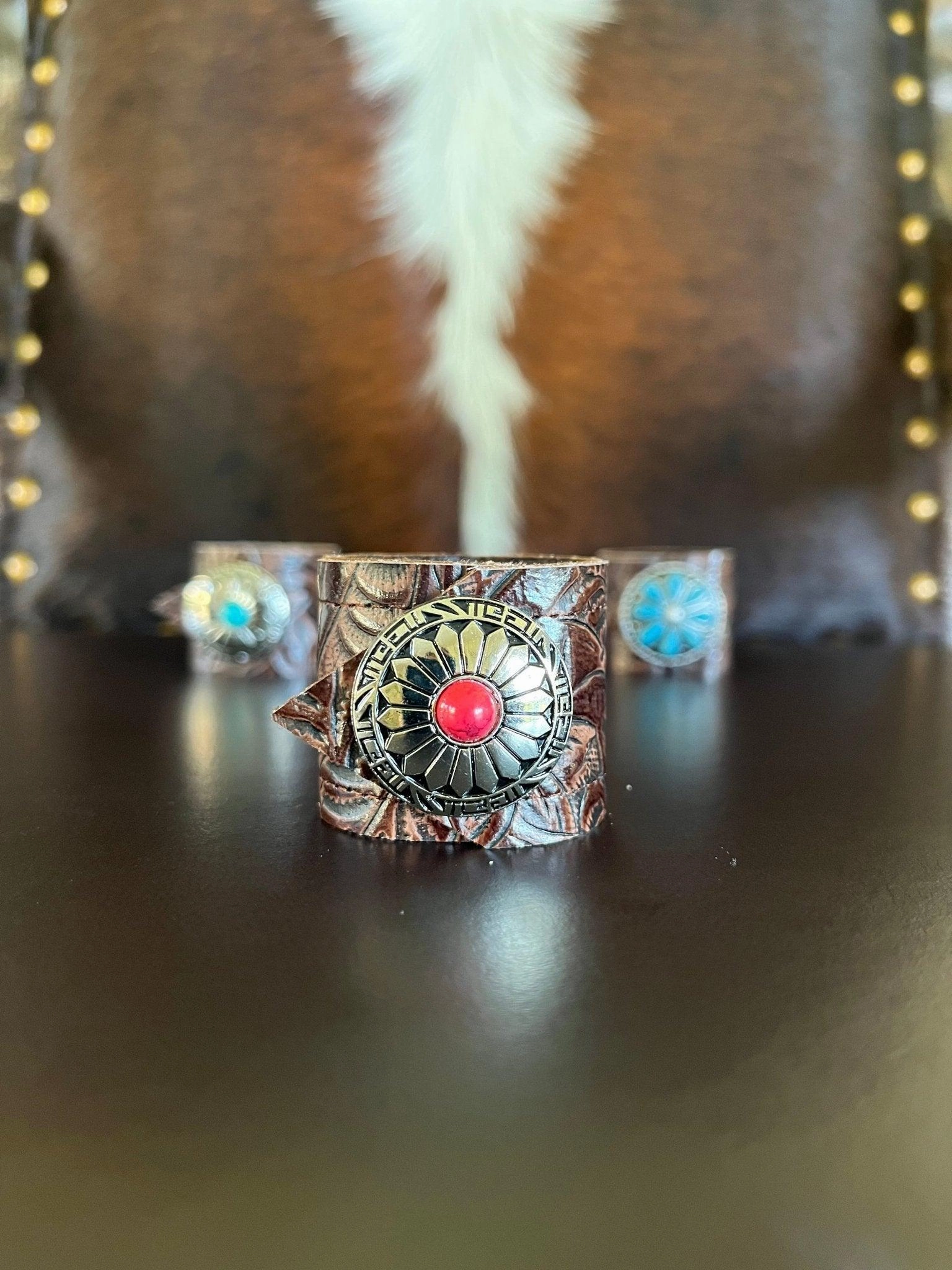 Dallas Tooled Leather Napkin Rings - Color Conchos