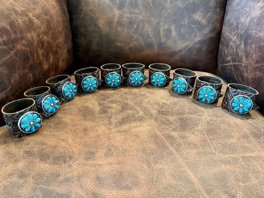Dallas Tooled Leather Napkin Rings - Color Conchos