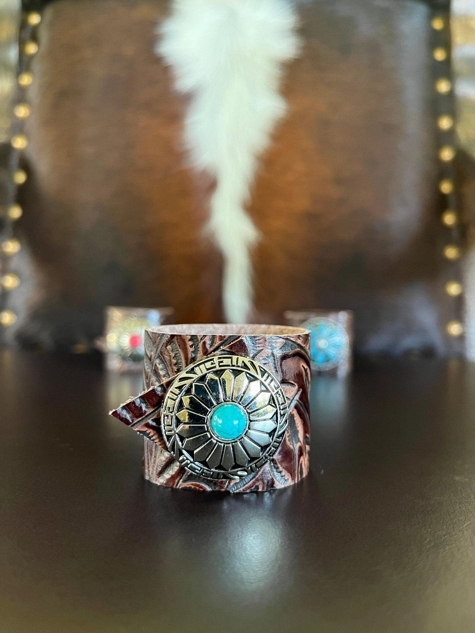 Dallas Tooled Leather Napkin Rings - Color Conchos