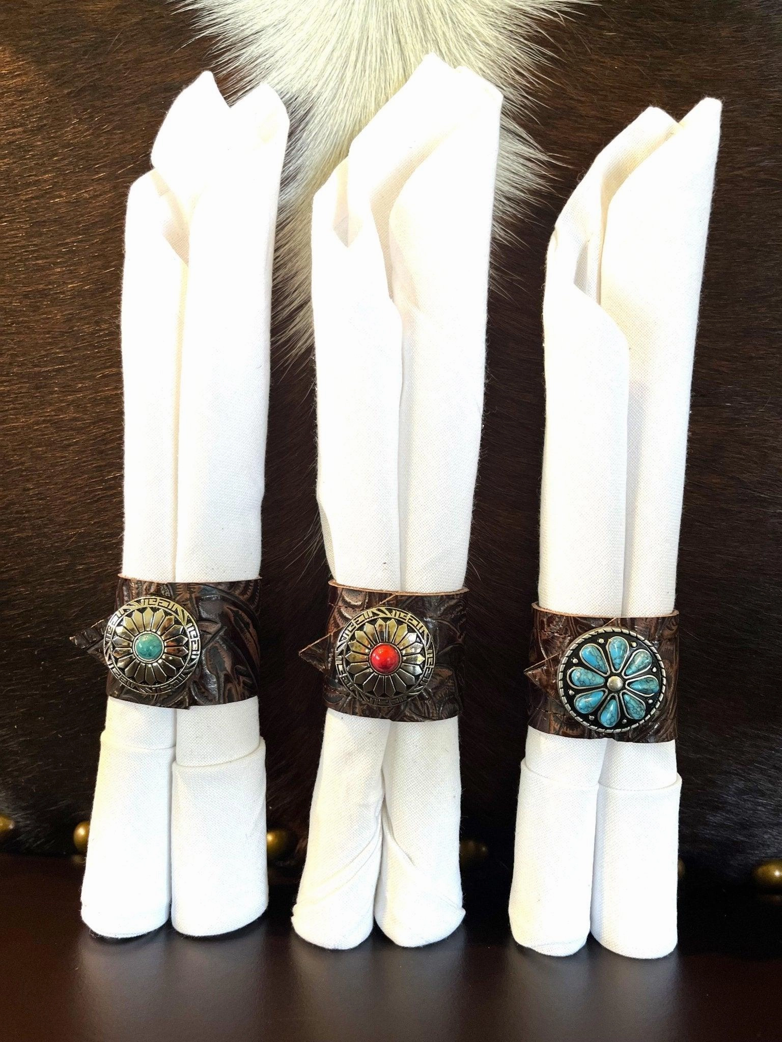 Dallas Tooled Leather Napkin Rings - Color Conchos