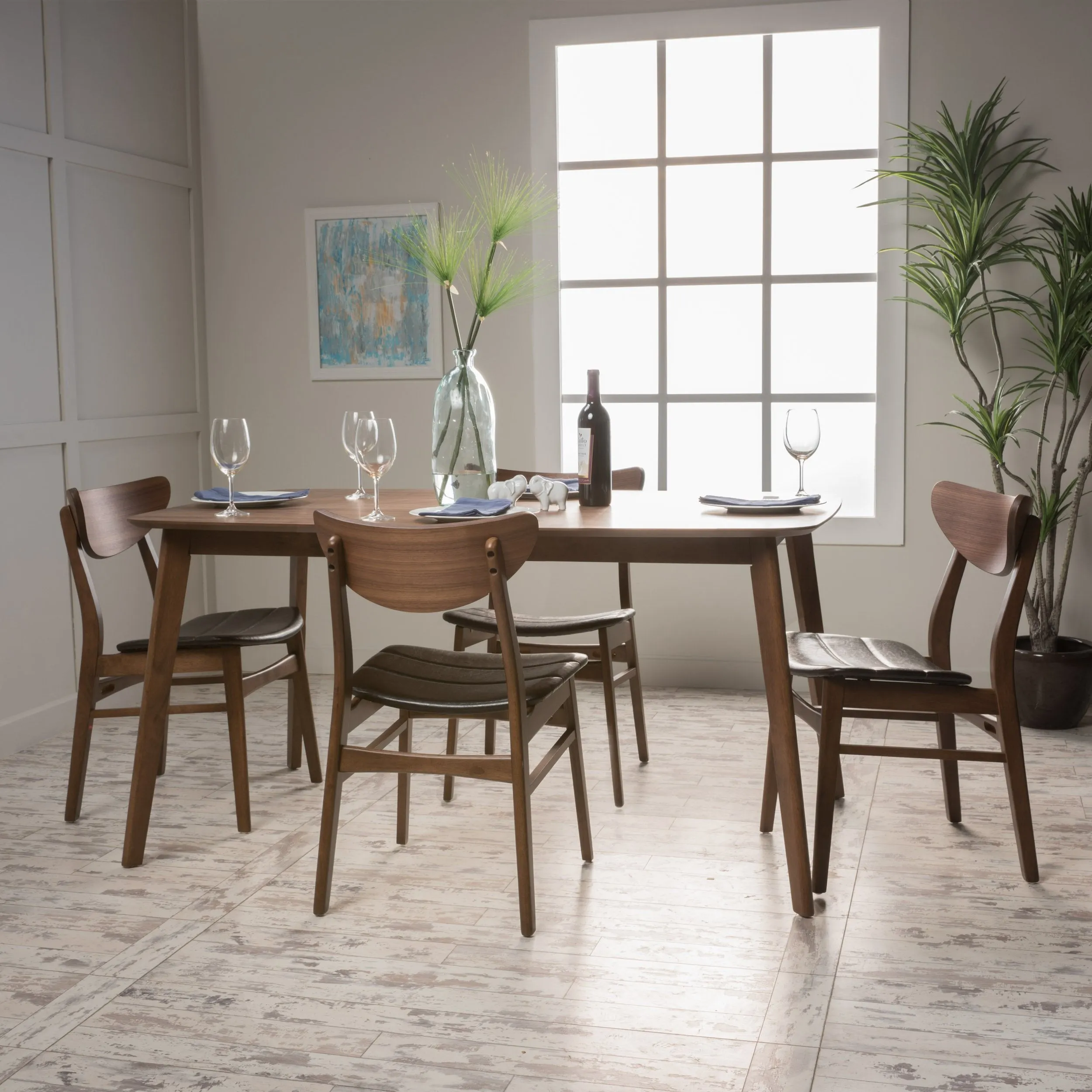 Dark Brown Leather Wood Finish 60-inch Rectangular 5 Piece Dining Set - NH882992 dining table set, round dining table