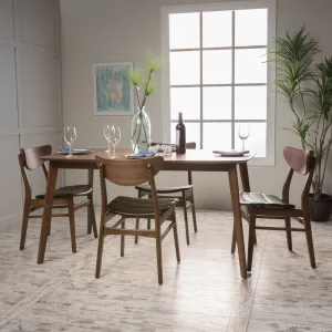 Dark Brown Leather Wood Finish 60-inch Rectangular 5 Piece Dining Set - NH882992 dining table set, round dining table