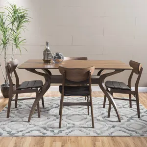 Dark Brown Leather Wood Finish Curved Leg Rectangular 5 Piece Dining Set - NH813992 dining table set, round dining table
