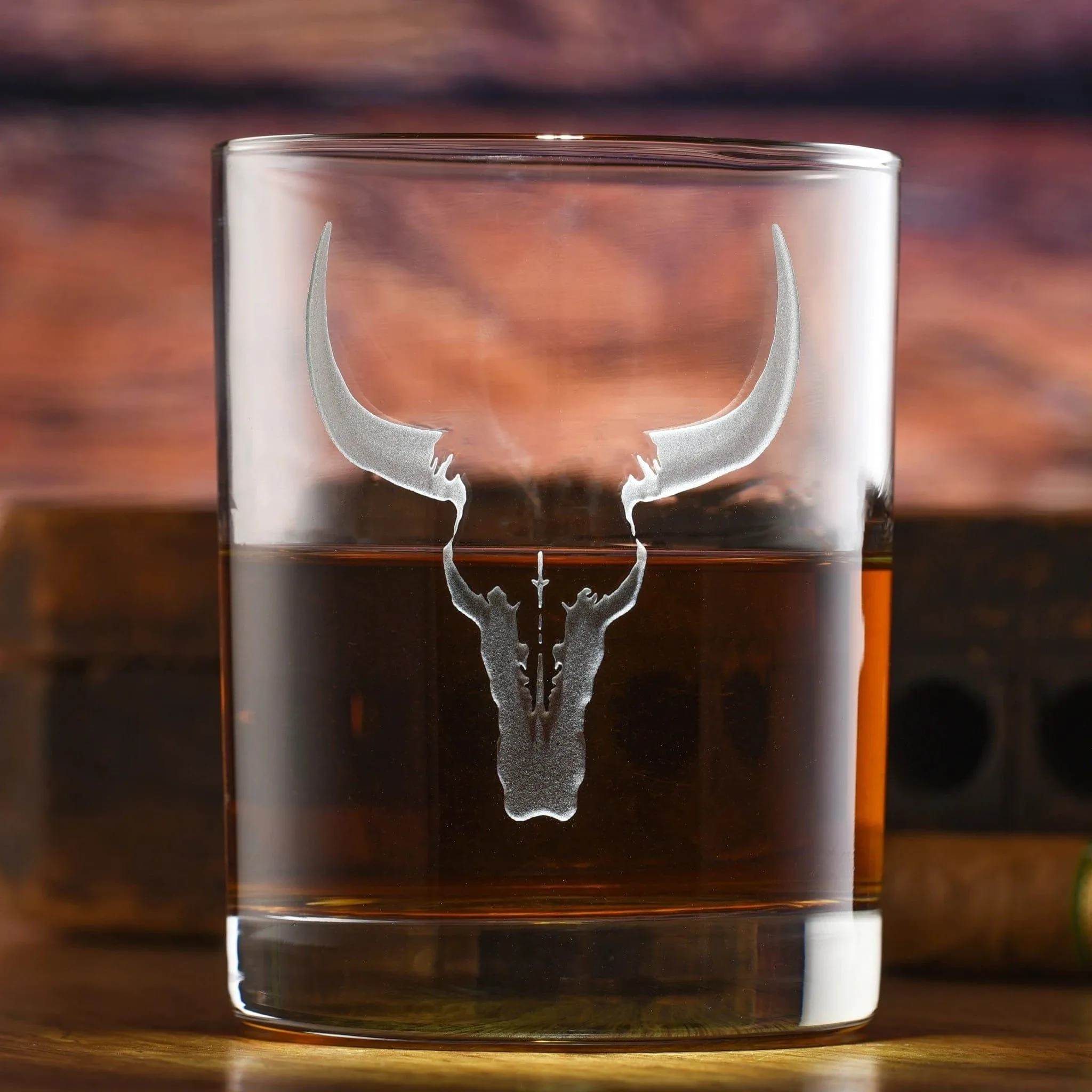 Deep Sand Carved Steer Skull Whiskey Glasses
