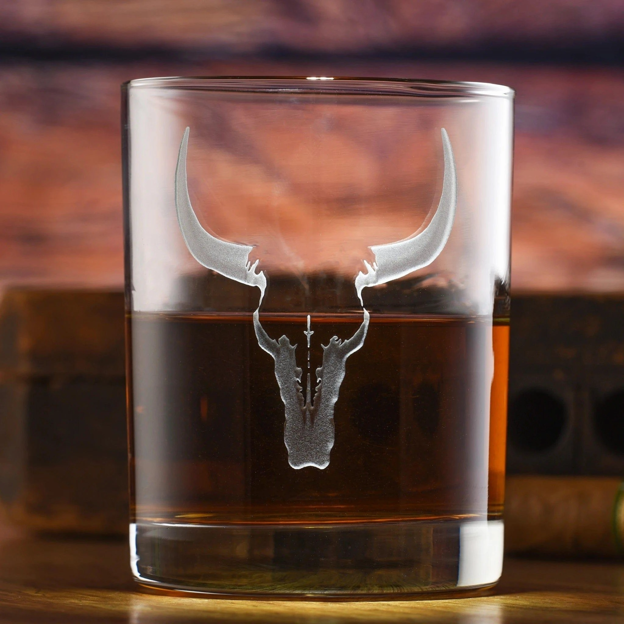 Deep Sand Carved Steer Skull Whiskey Glasses