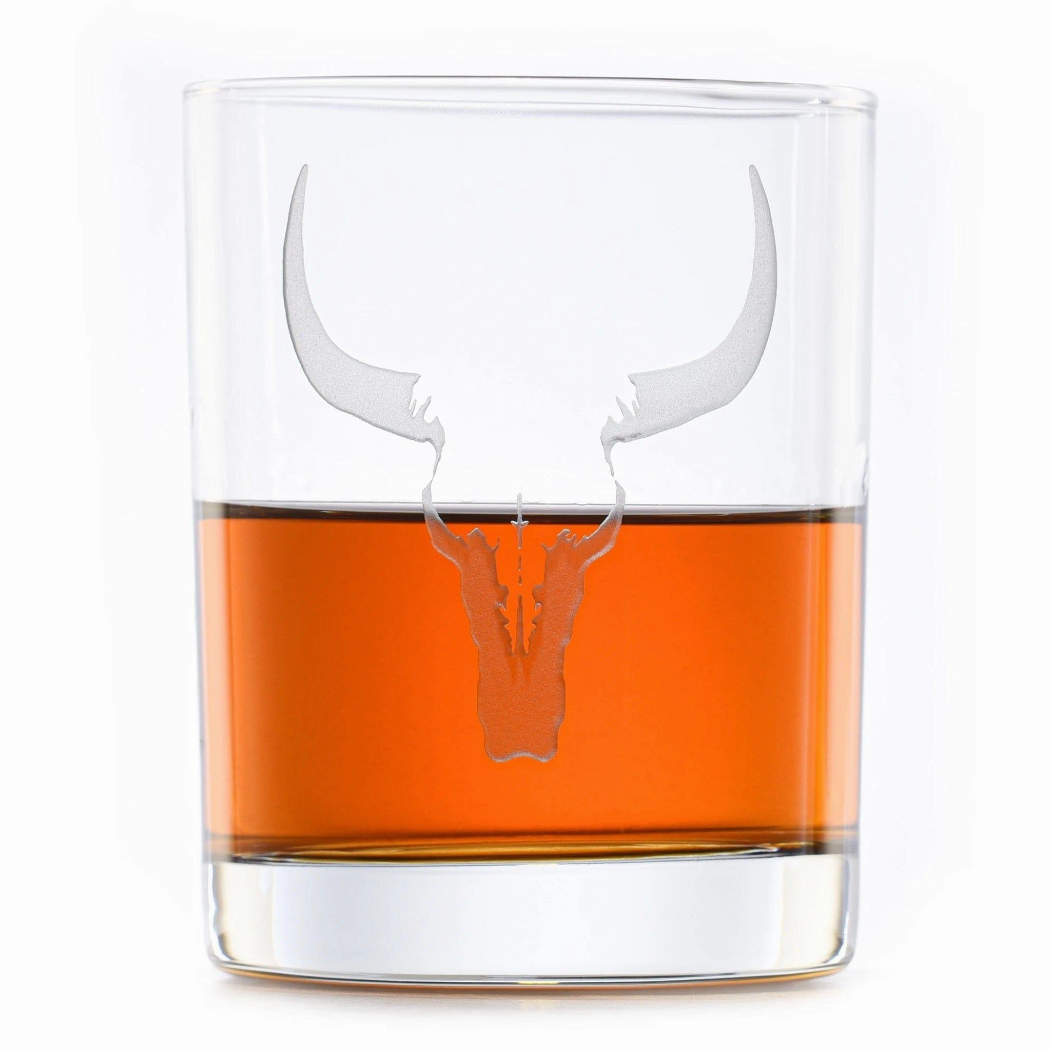 Deep Sand Carved Steer Skull Whiskey Glasses