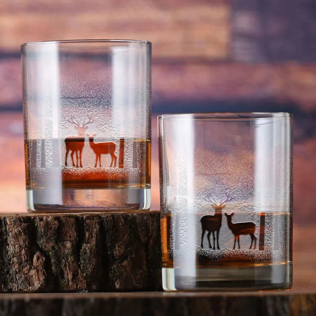 Deer in Trees Deep Sand Carved Rocks Glasses