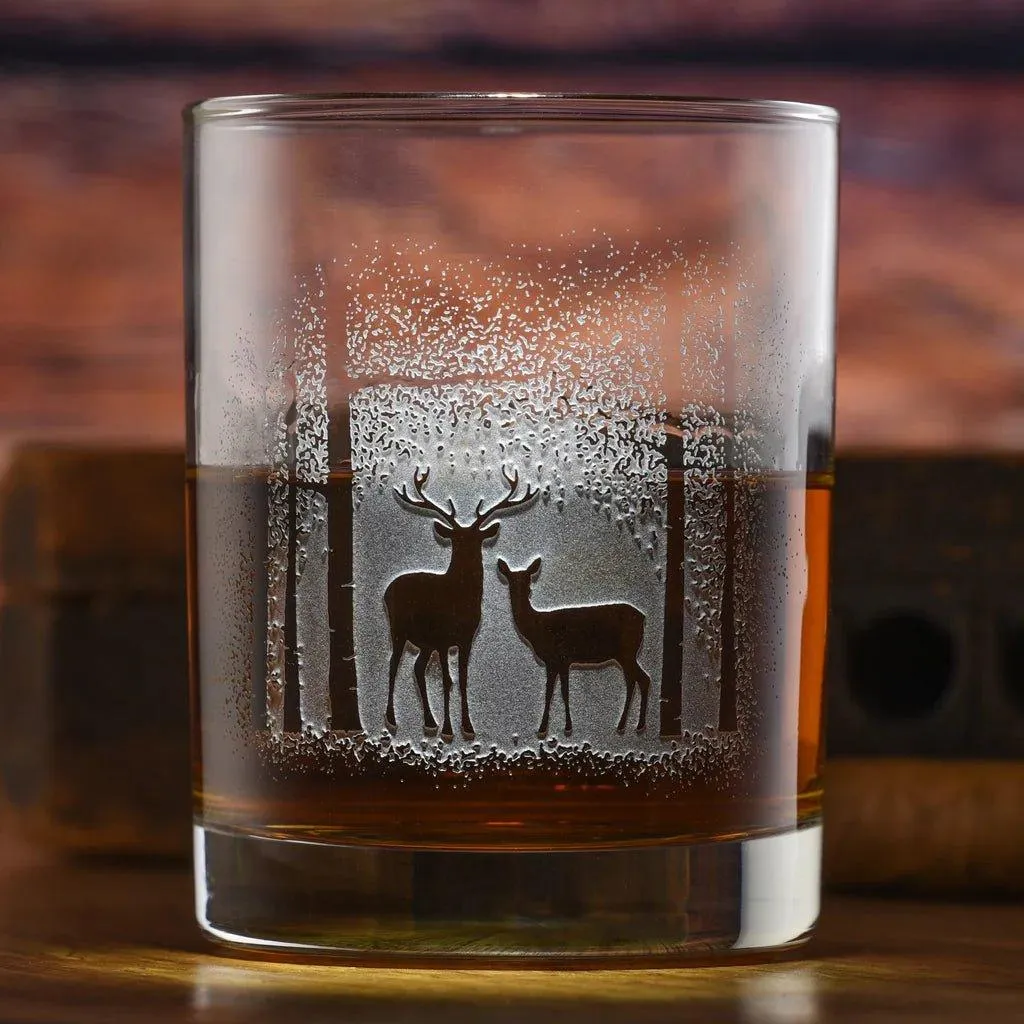 Deer in Trees Deep Sand Carved Rocks Glasses