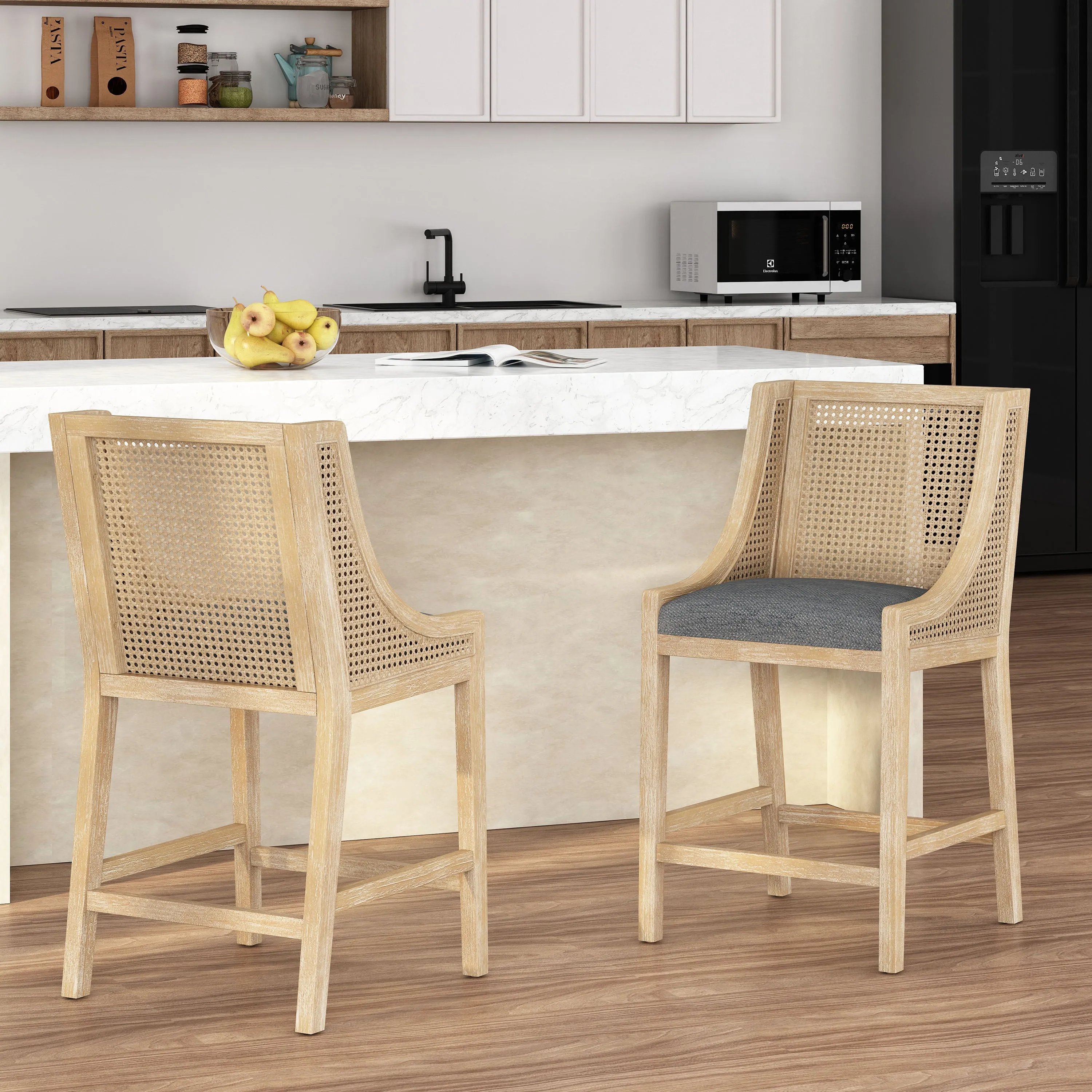 Deville French Country Fabric Upholstered Wood and Cane 25.5 inch Counter Stools, Set of 2