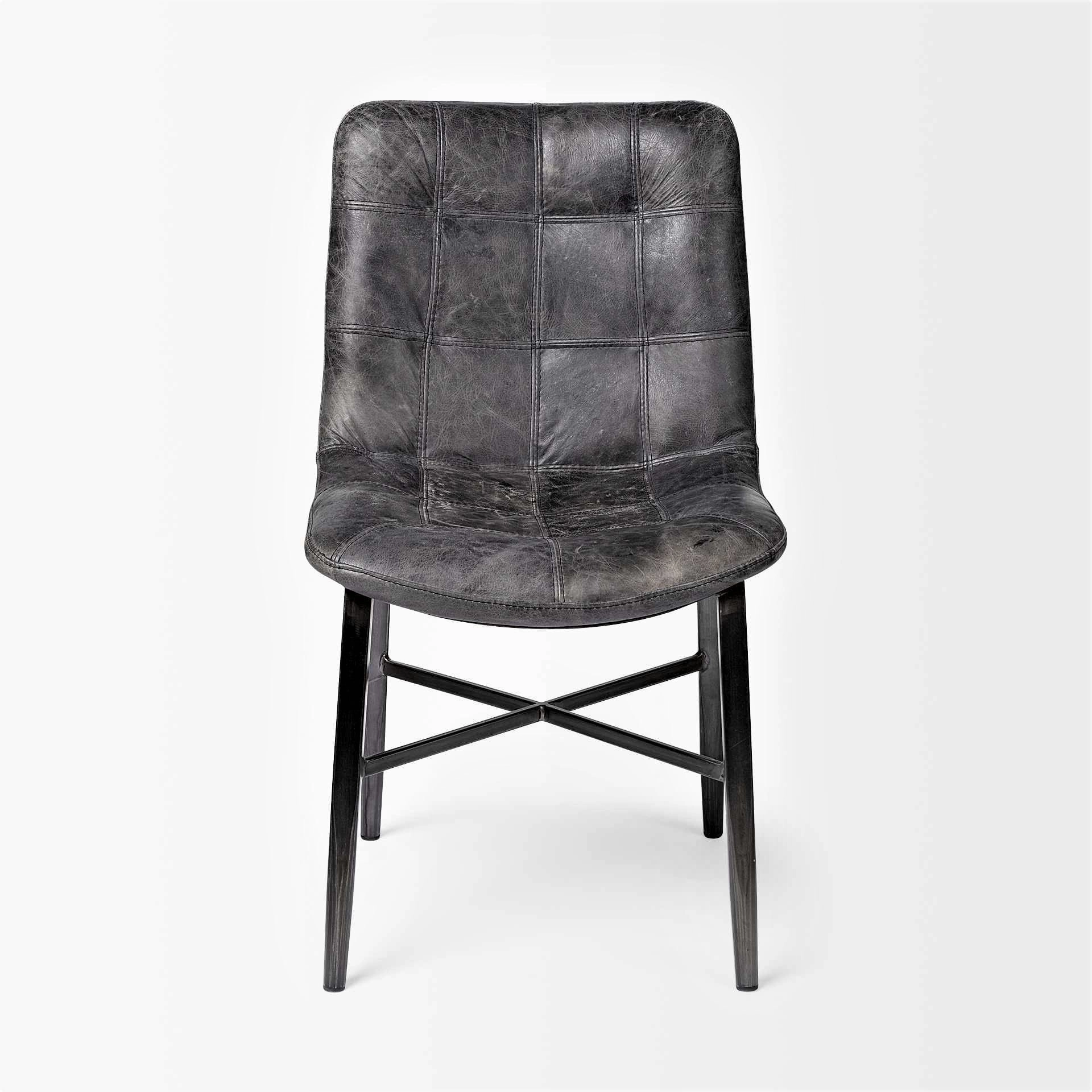 Distressed Black Leather Dining Chair