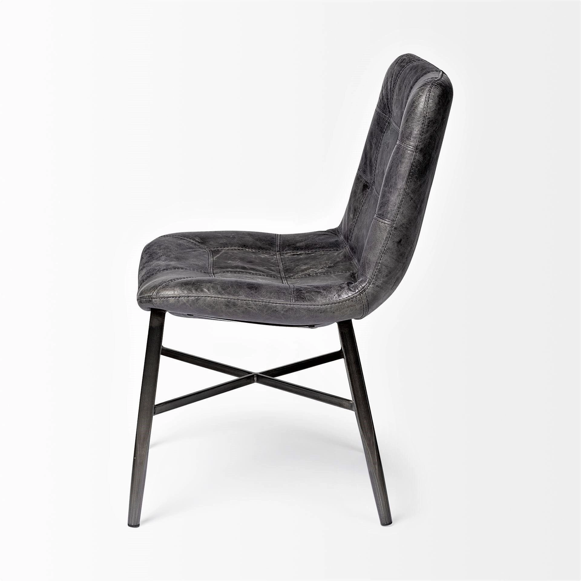 Distressed Black Leather Dining Chair