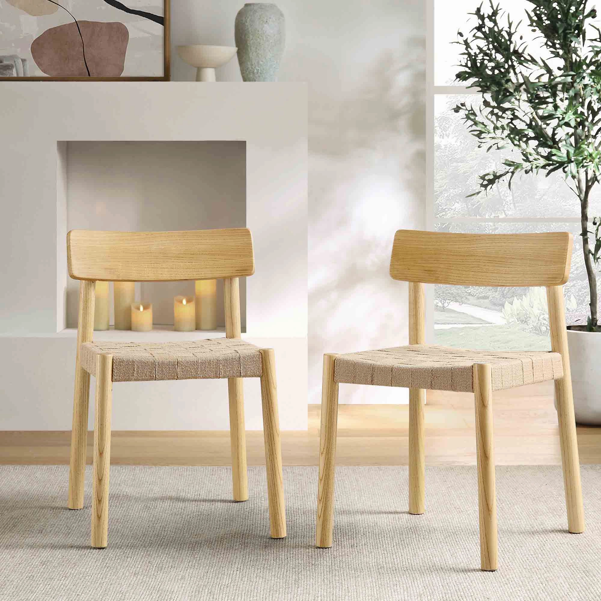 Ditton Set of 2 Elm Wood and Jute Dining Chairs, Natural