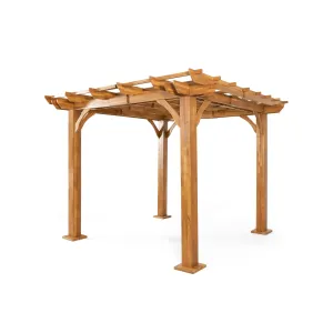 Dorain Outdoor 10' x 10' Acacia Wood Pergola, Teak patio chairs, outdoor seating
