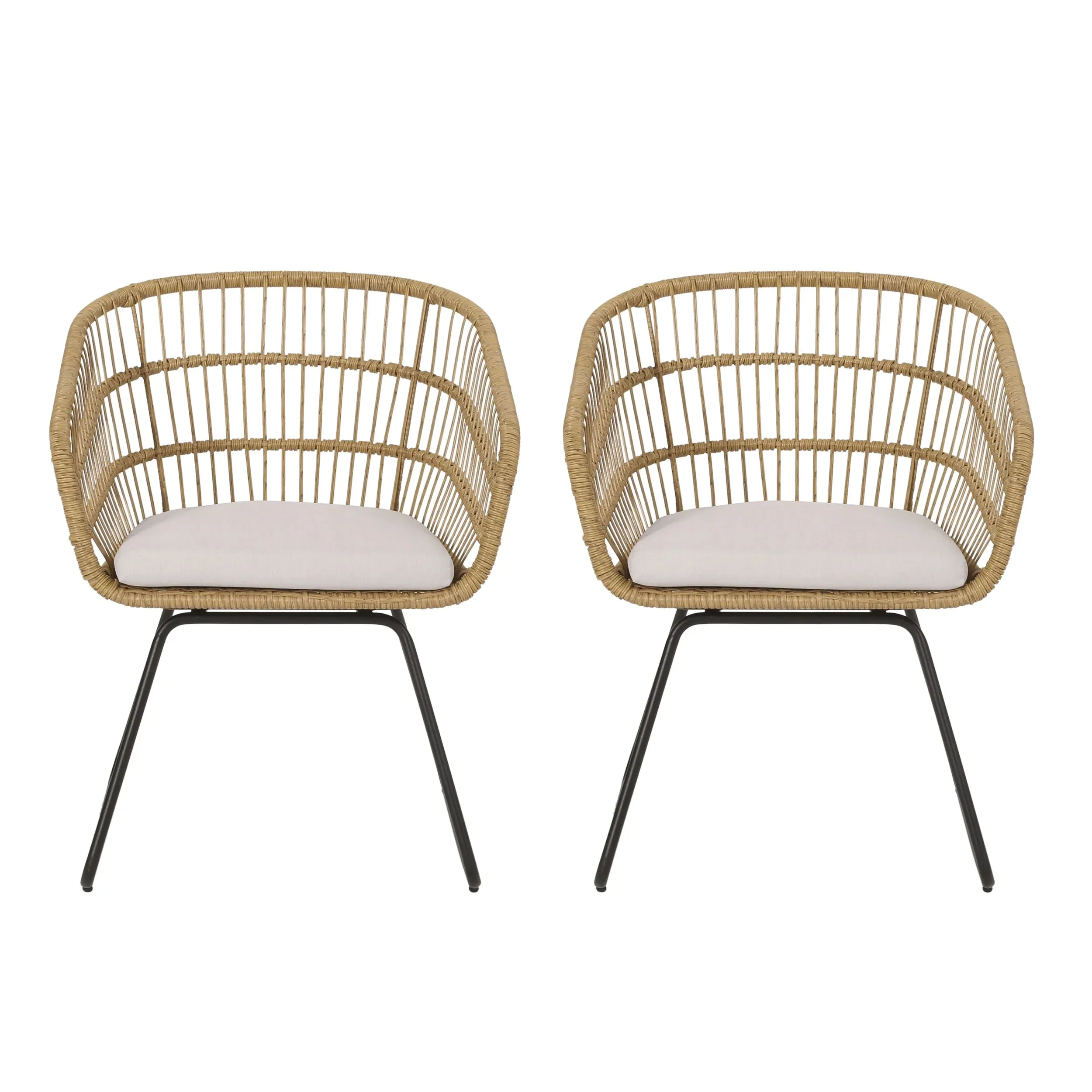 Edson Outdoor Wicker Dining Chairs with Cushion, Set of 2, Light Brown, Beige, and Black chandelier, pendant light