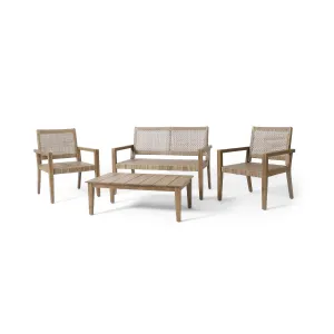 Elmcrest Outdoor Wicker and Acacia Wood 4 Seater Chat Set, Light Multibrown and Light Brown clothes rack, garment rack