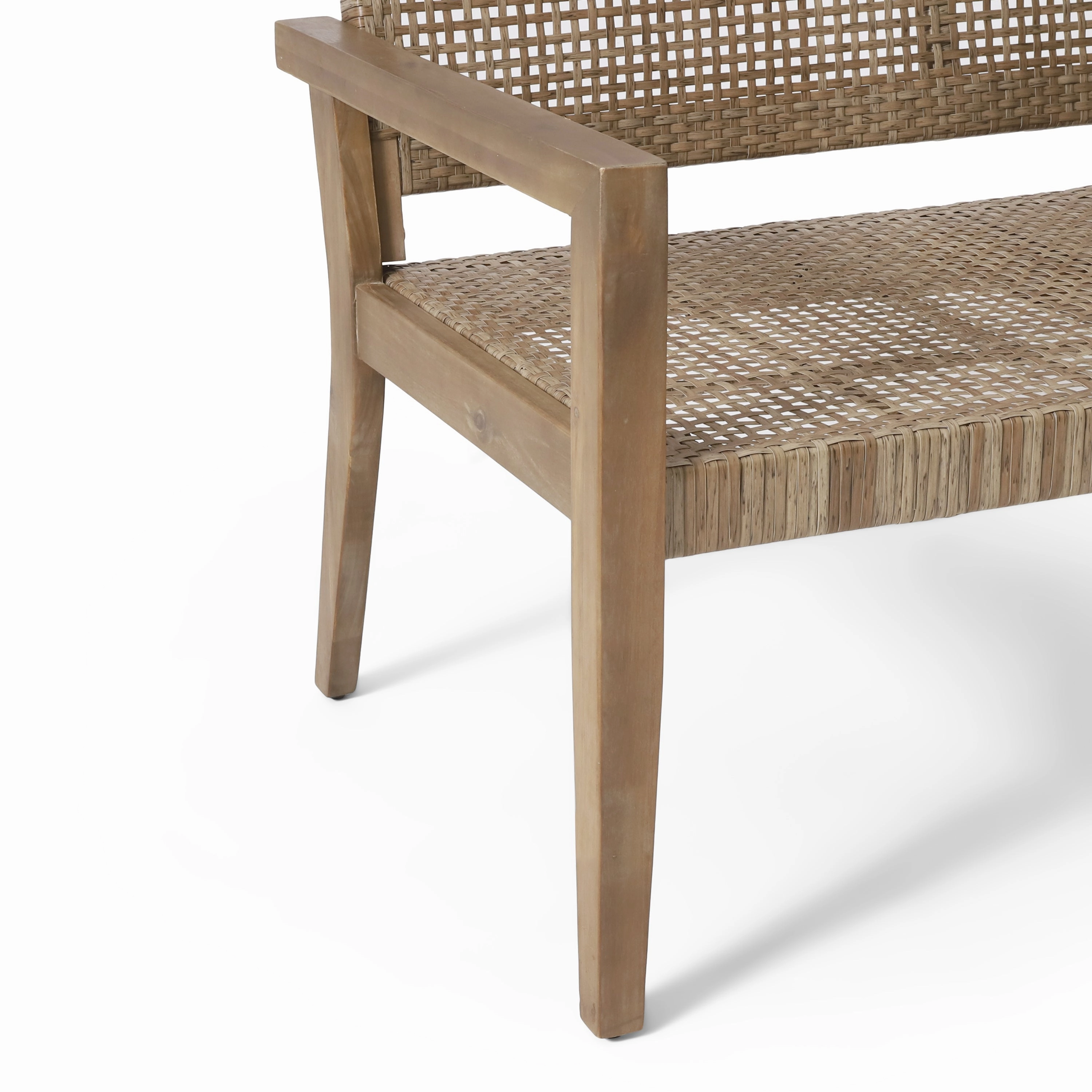 Elmcrest Outdoor Wicker and Acacia Wood 4 Seater Chat Set, Light Multibrown and Light Brown