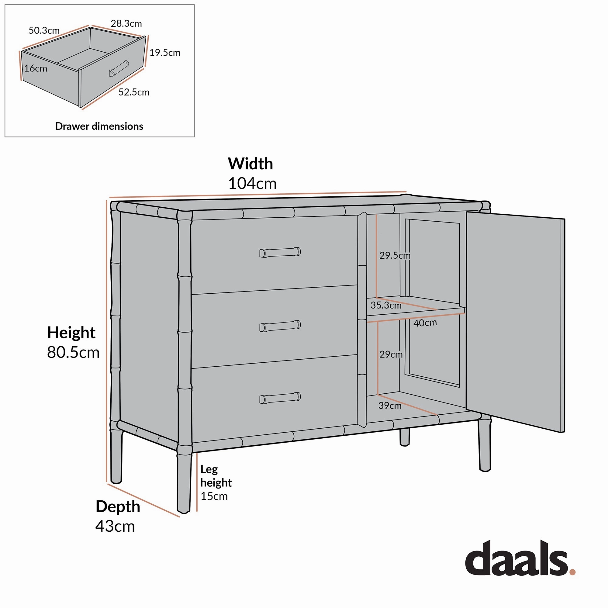 Elstowe Faux Bamboo 1-Door 3-Drawer Sideboard, Sage Green