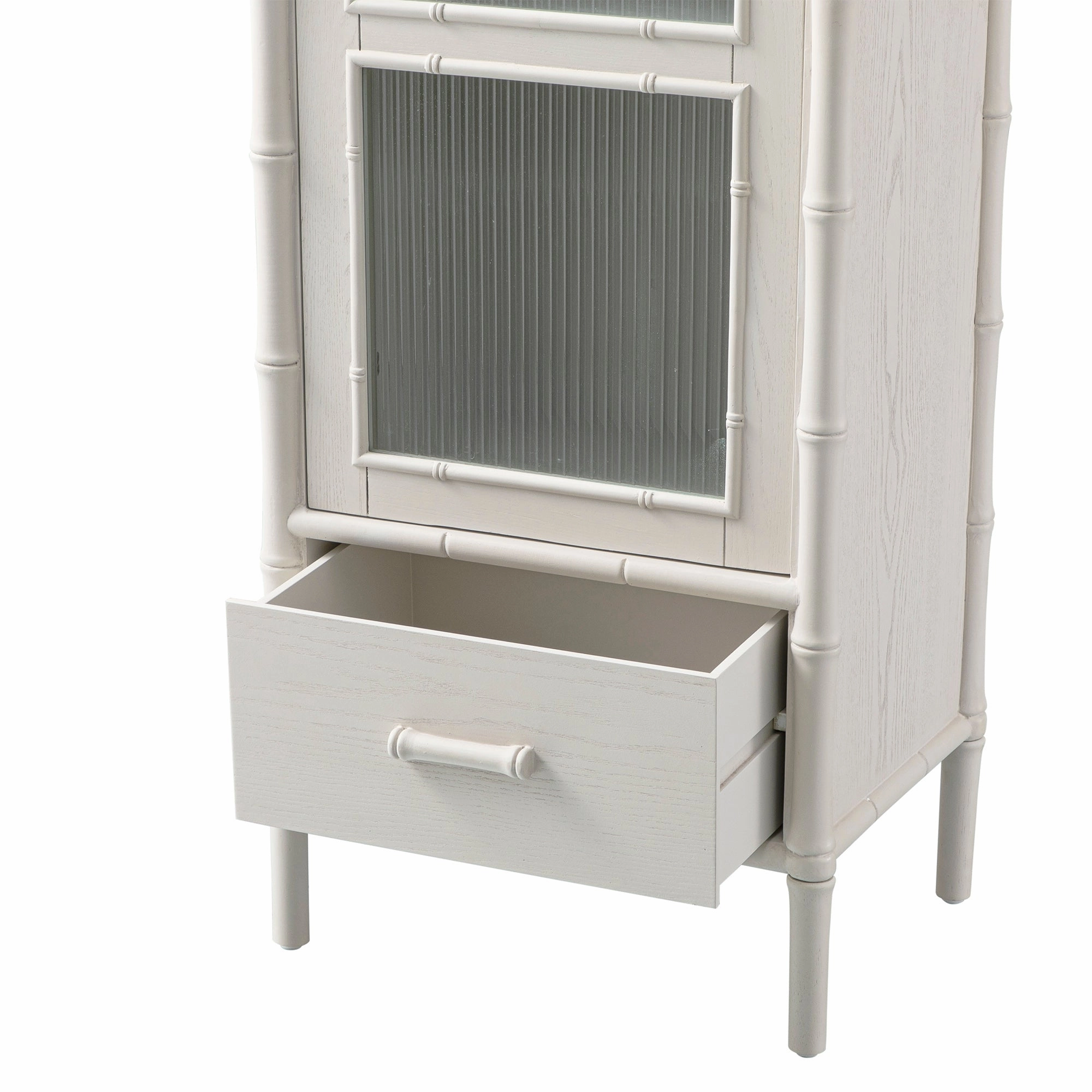 Elstowe Faux Bamboo and Fluted Glass 1-Door Cabinet, Shaded White