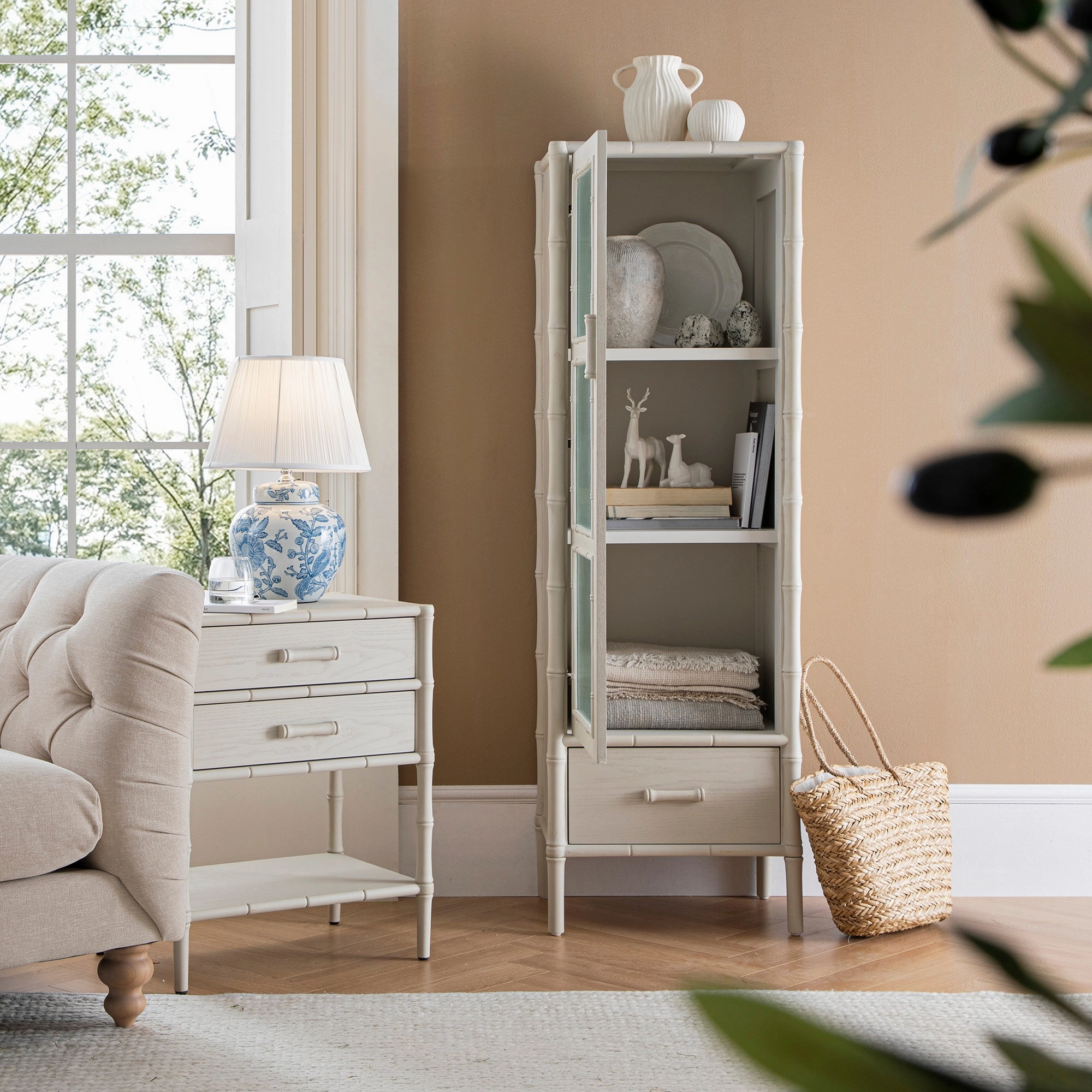 Elstowe Faux Bamboo and Fluted Glass 1-Door Cabinet, Shaded White