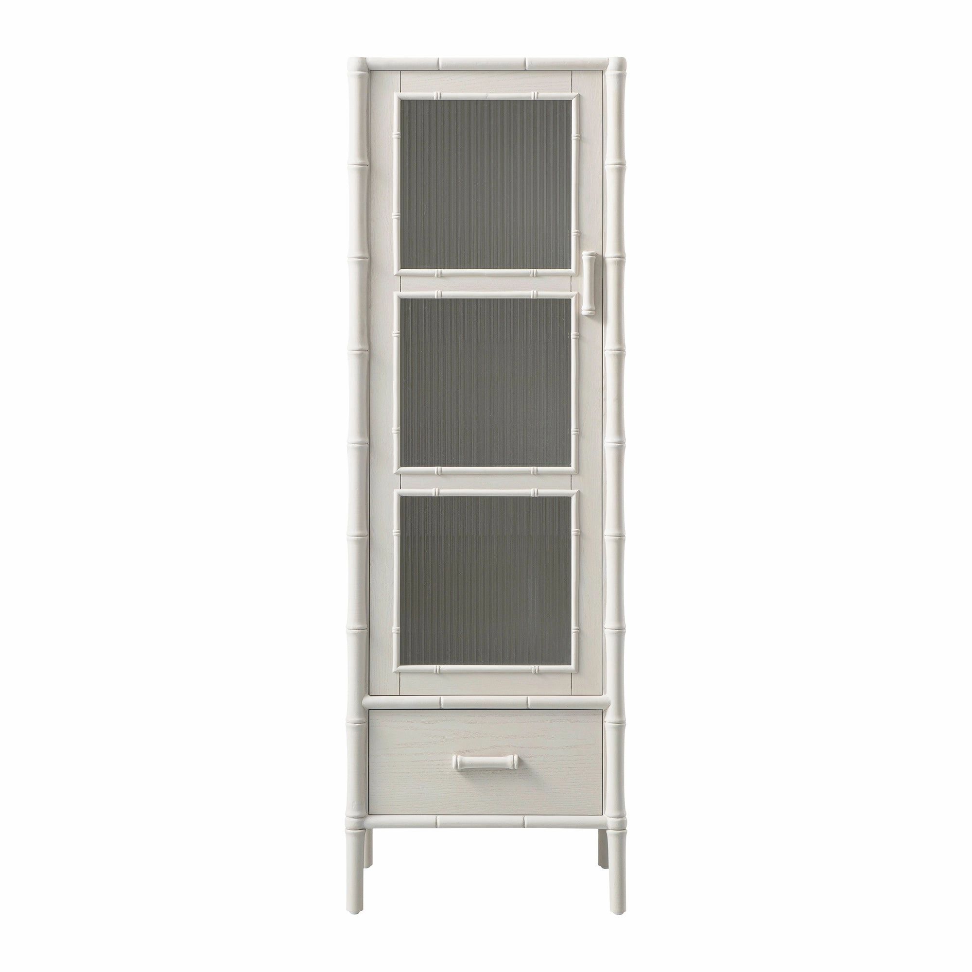 Elstowe Faux Bamboo and Fluted Glass 1-Door Cabinet, Shaded White