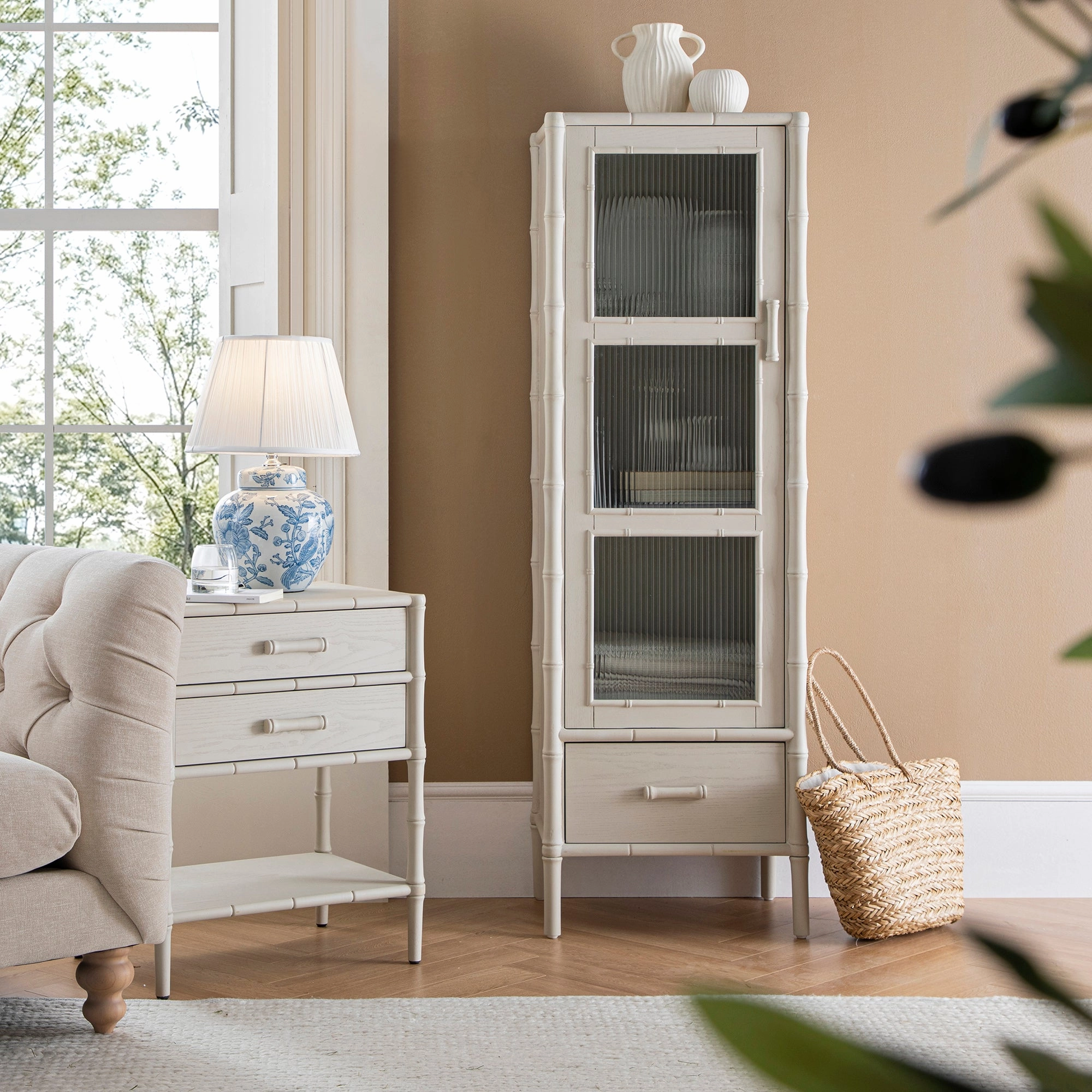 Elstowe Faux Bamboo and Fluted Glass 1-Door Cabinet, Shaded White