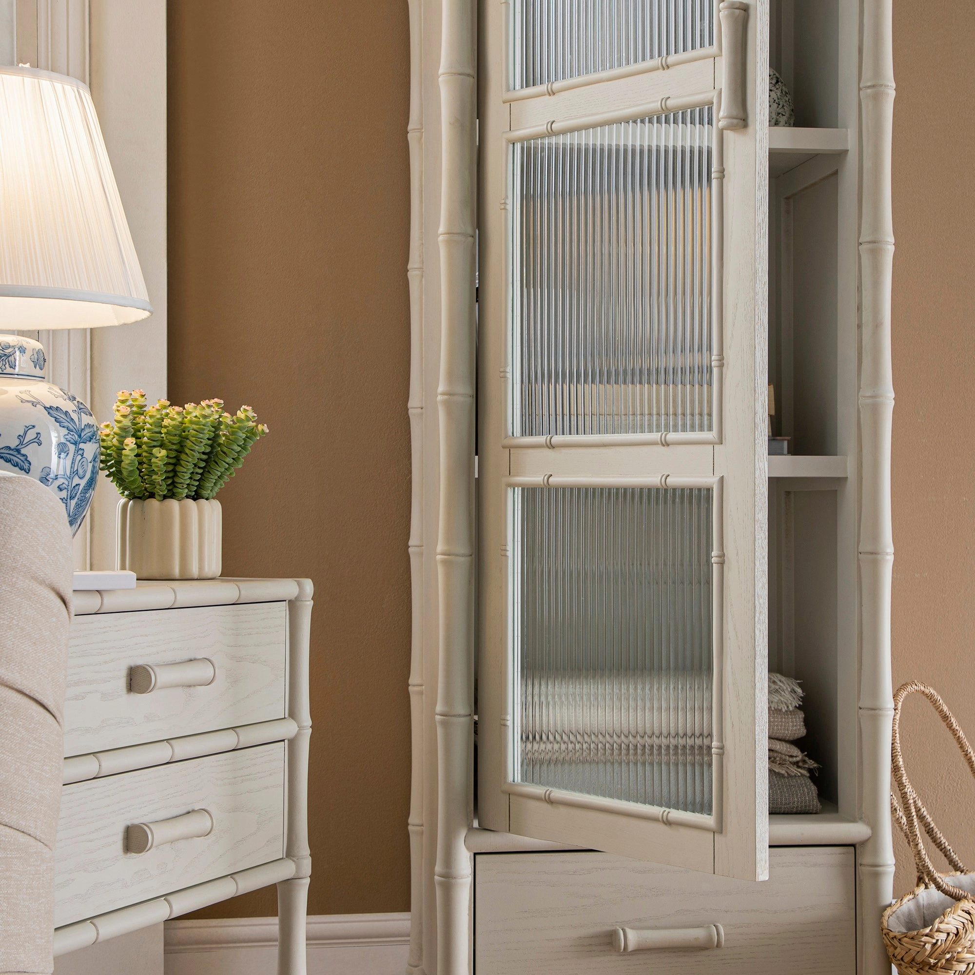 Elstowe Faux Bamboo and Fluted Glass 1-Door Cabinet, Shaded White