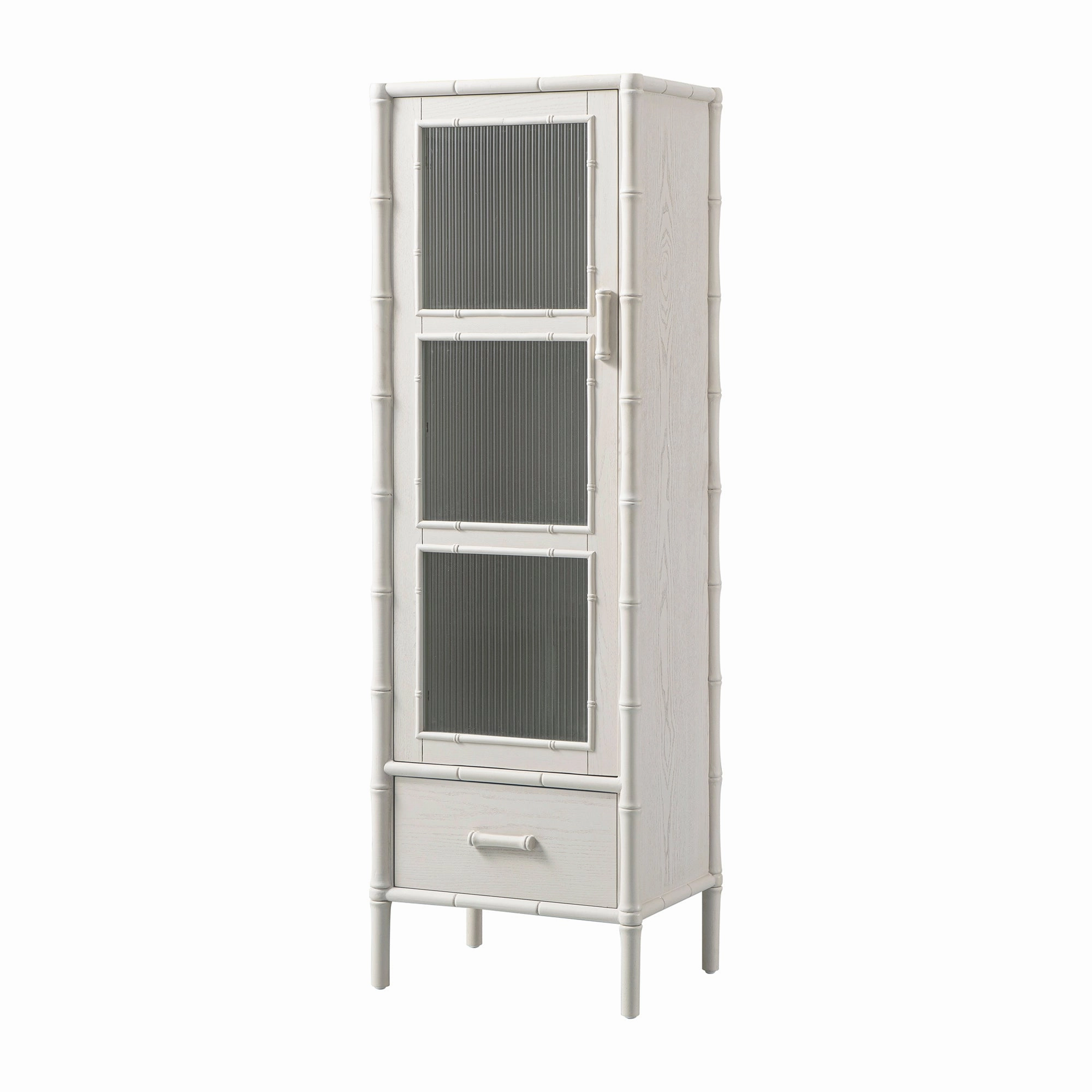 Elstowe Faux Bamboo and Fluted Glass 1-Door Cabinet, Shaded White