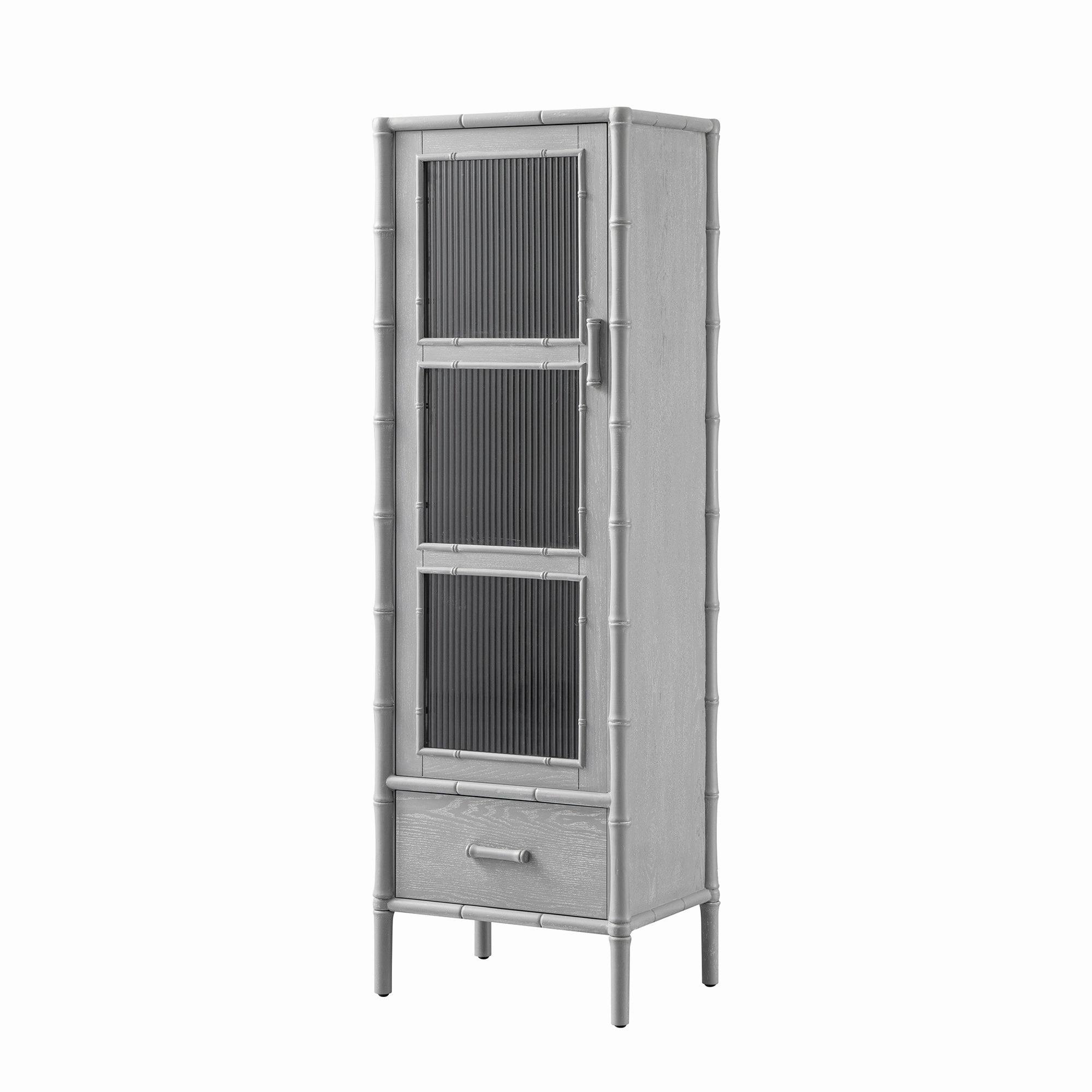 Elstowe Faux Bamboo and Fluted Glass 1-Door Cabinet, Warm Grey