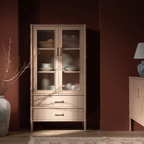 Elstowe Faux Bamboo and Fluted Glass 2-Door Cabinet, Nude Pink