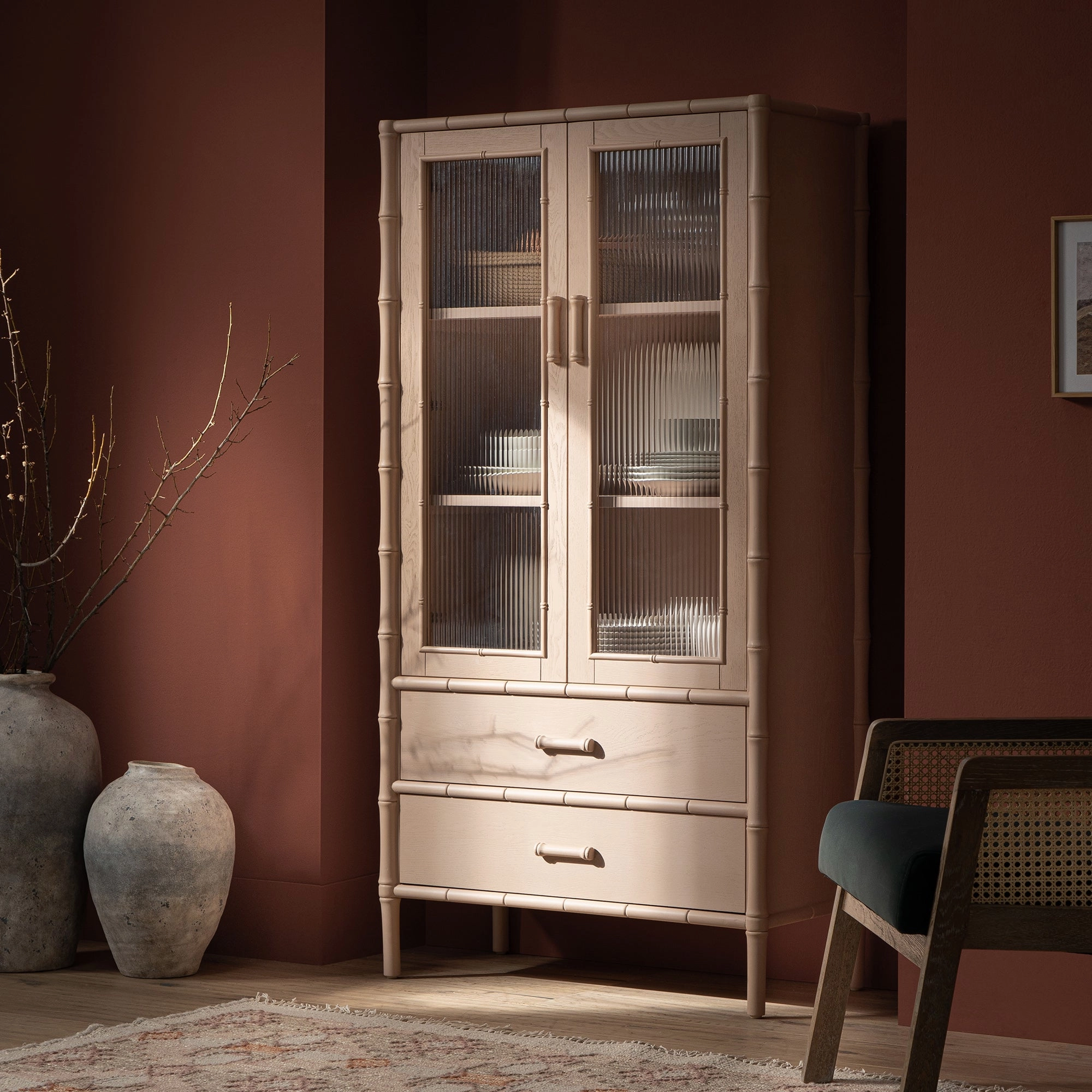 Elstowe Faux Bamboo and Fluted Glass 2-Door Cabinet, Nude Pink