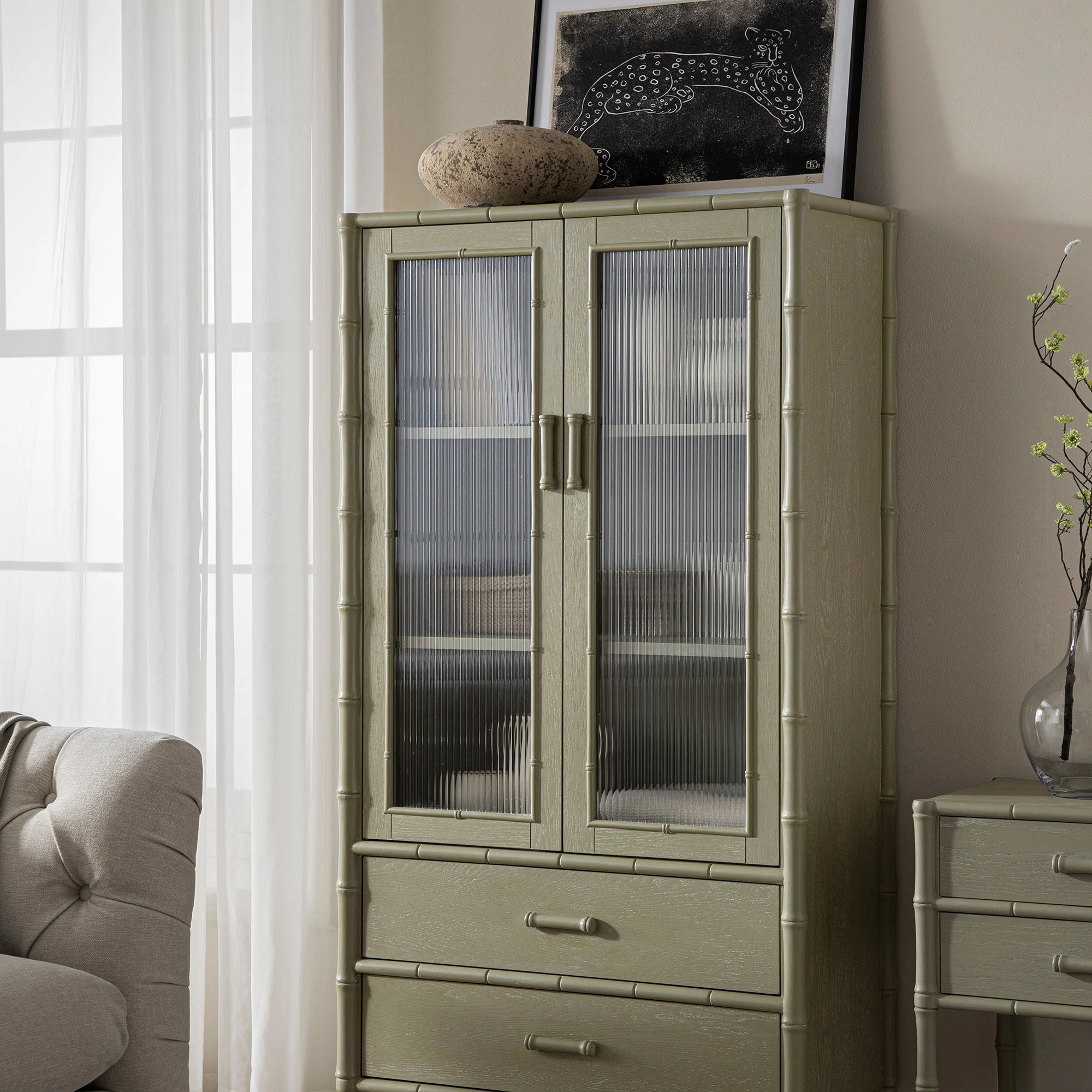 Elstowe Faux Bamboo and Fluted Glass 2-Door Cabinet, Sage Green