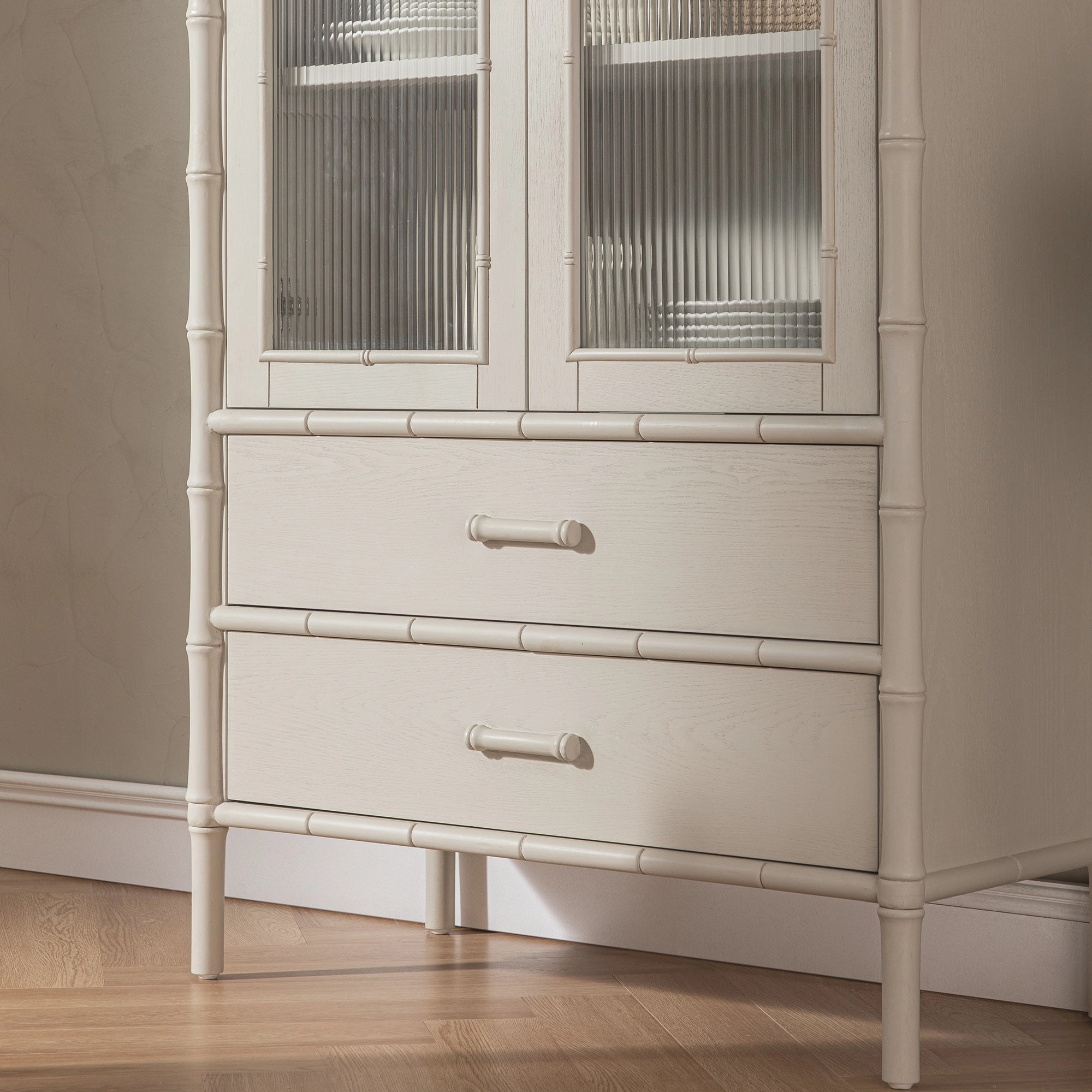 Elstowe Faux Bamboo and Fluted Glass 2-Door Cabinet, Shaded White