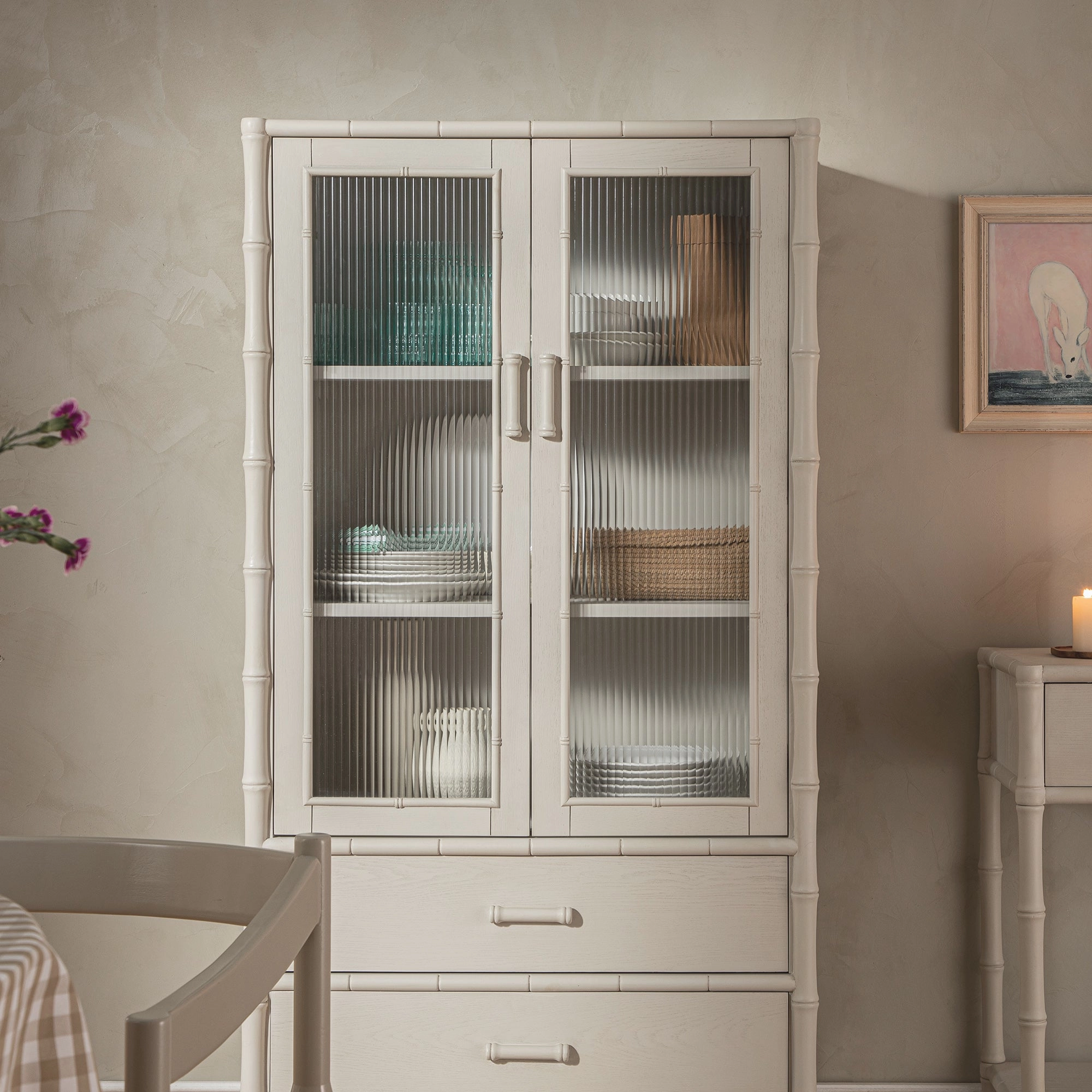 Elstowe Faux Bamboo and Fluted Glass 2-Door Cabinet, Shaded White