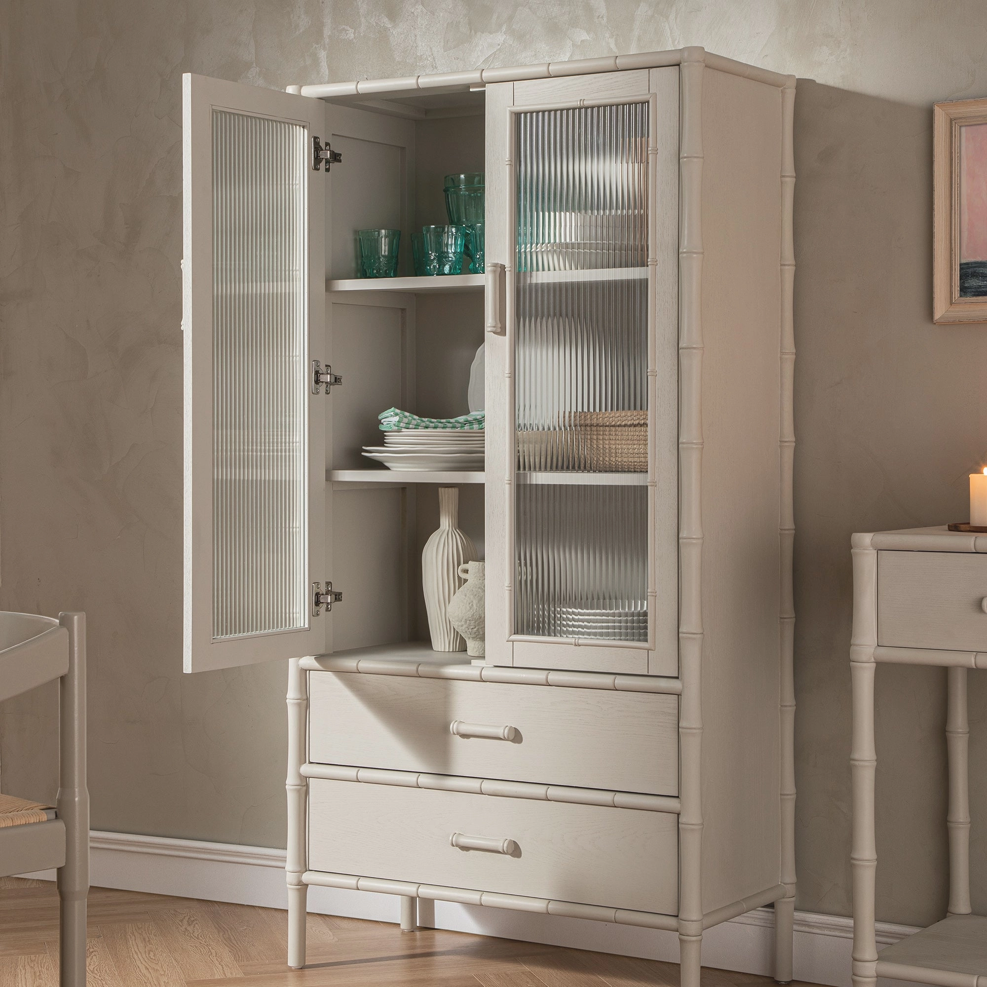 Elstowe Faux Bamboo and Fluted Glass 2-Door Cabinet, Shaded White