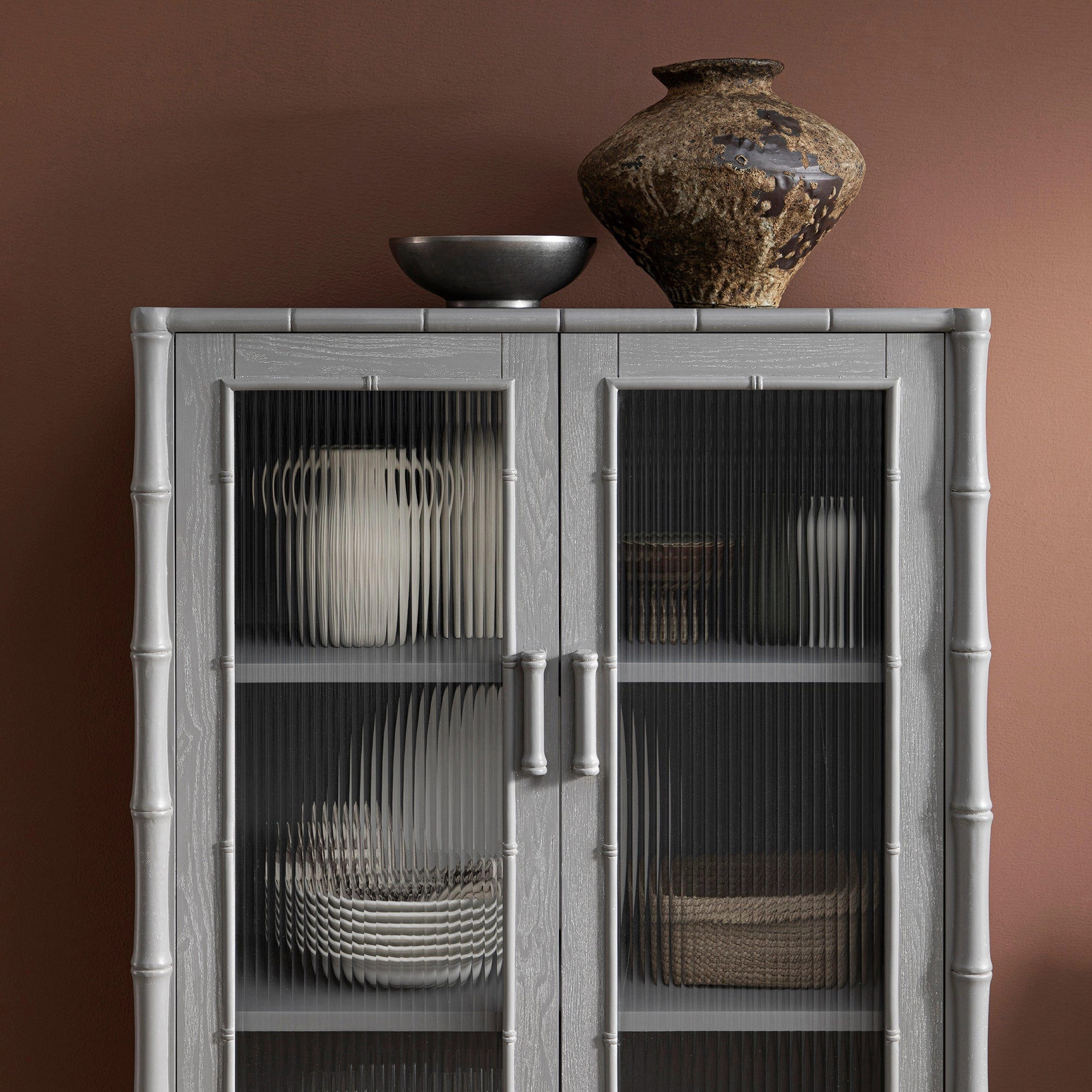 Elstowe Faux Bamboo and Fluted Glass 2-Door Cabinet, Warm Grey