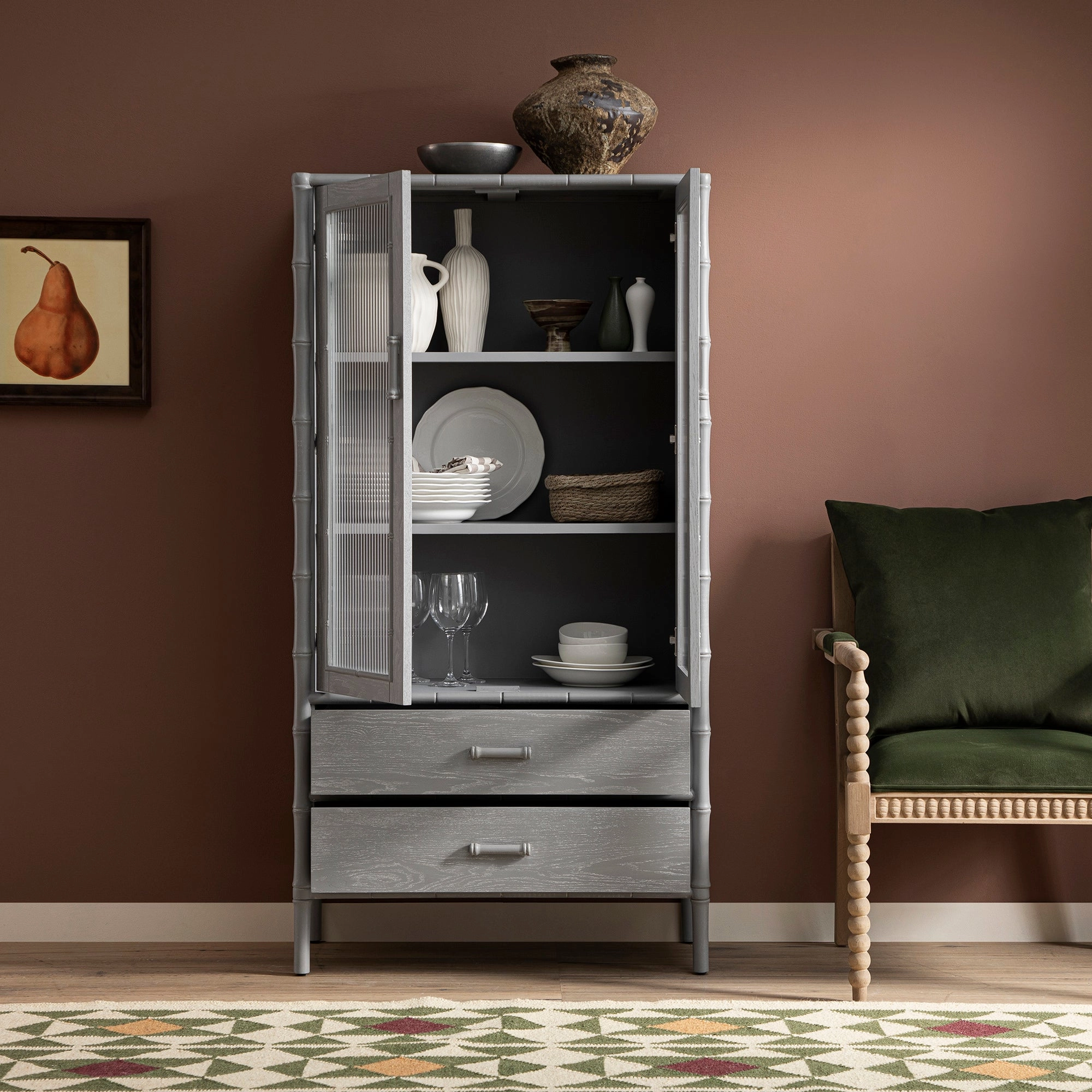 Elstowe Faux Bamboo and Fluted Glass 2-Door Cabinet, Warm Grey