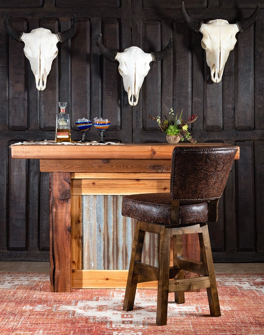 Embossed Brown Leather Western Bar Stools