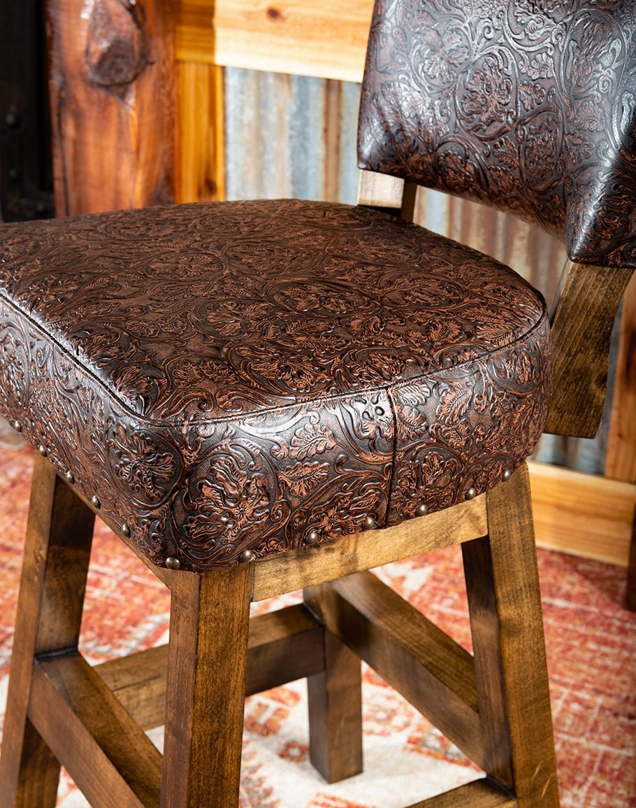 Embossed Brown Leather Western Bar Stools