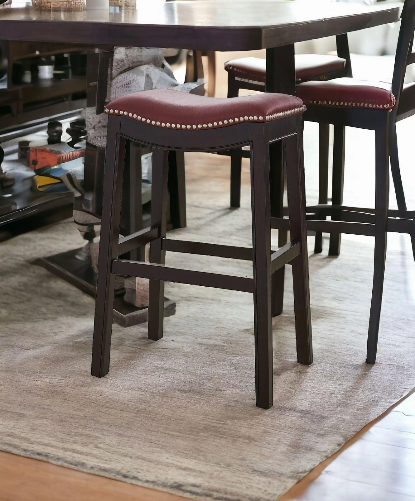 Espresso & Burgundy Saddle Style Bar Stool 30" glassware set, wine glass