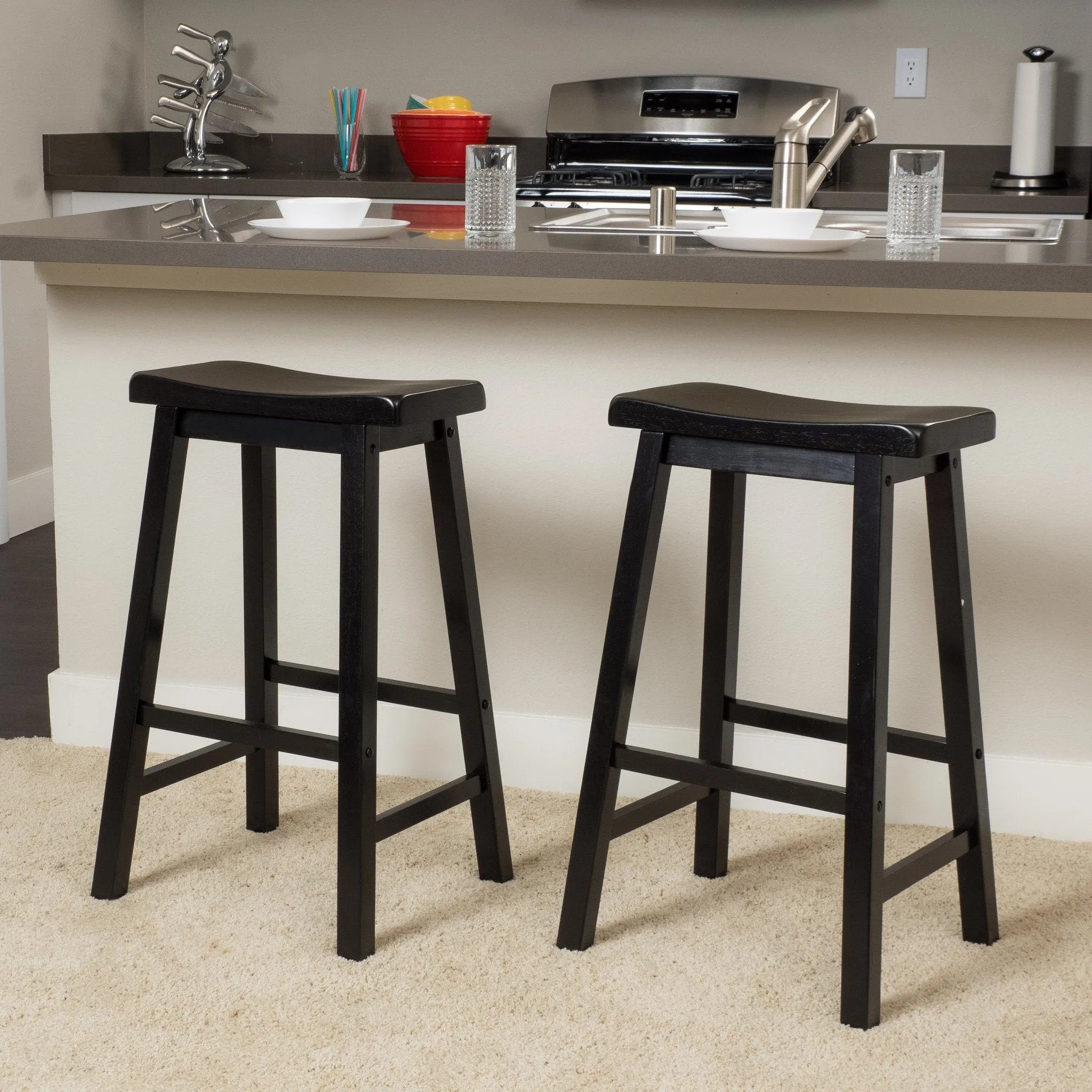 Farmhouse 29-Inch Black Wood Saddle Barstools (Set of 2) - NH290692 bar stool, counter stool