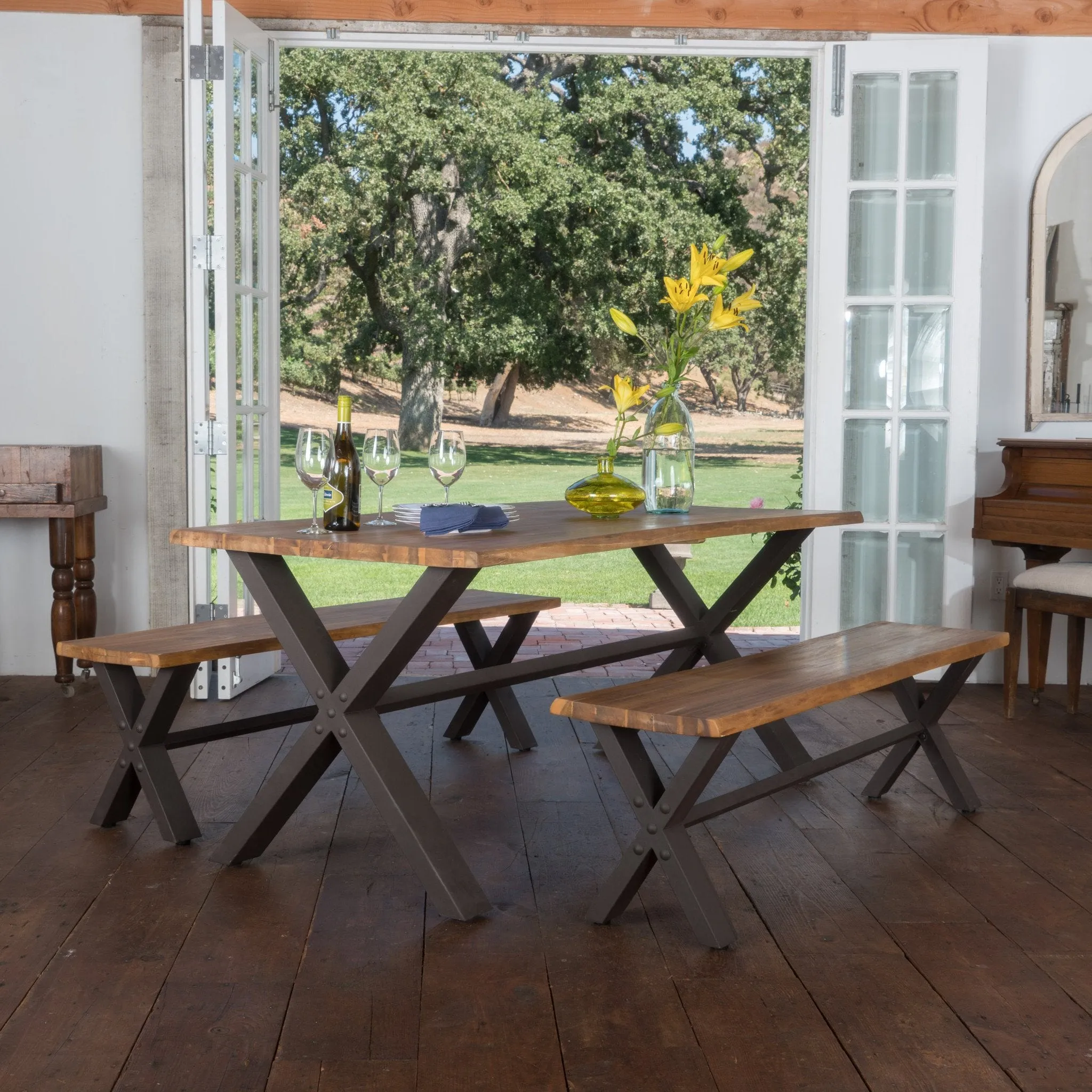 Farmhouse 4 Seater Benches & Table Picnic Dining Set - NH839992 dining table set, round dining table
