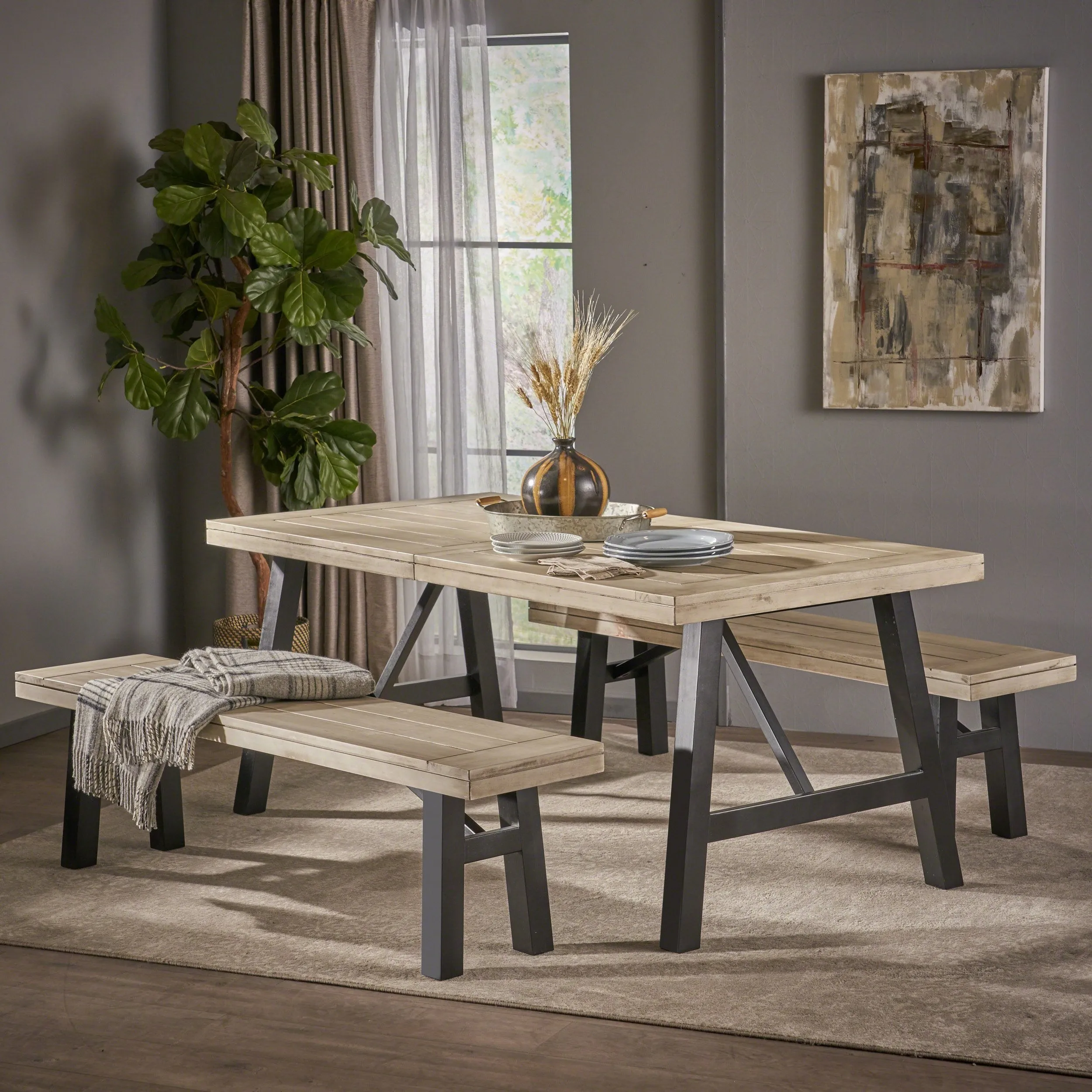 Farmhouse 4 Seater Benches & Table Picnic Dining Set - NH867303 dining table set, round dining table