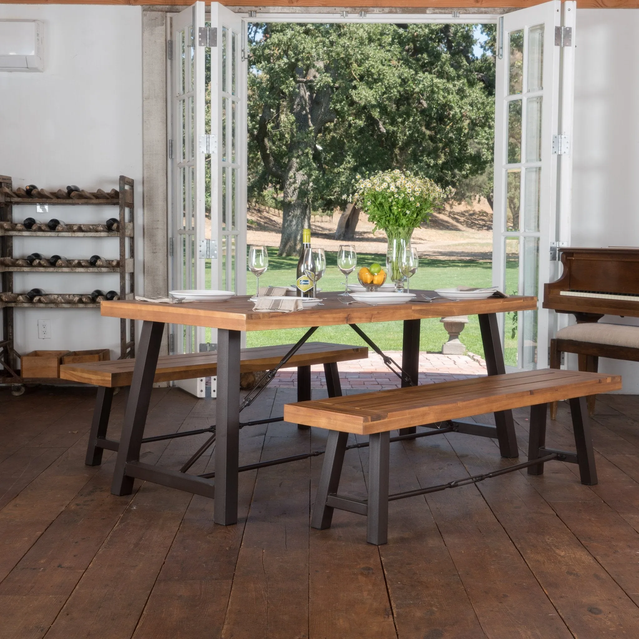 Farmhouse 4 Seater Benches & Table Picnic Dining Set - NH939992 dining table set, round dining table