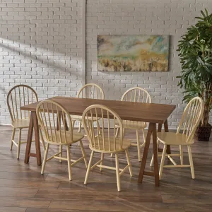 Farmhouse Cottage 7 Piece Faux Wood Dining Set with Rubberwood Chairs, Antique White - NH224203 dining table set, round dining table