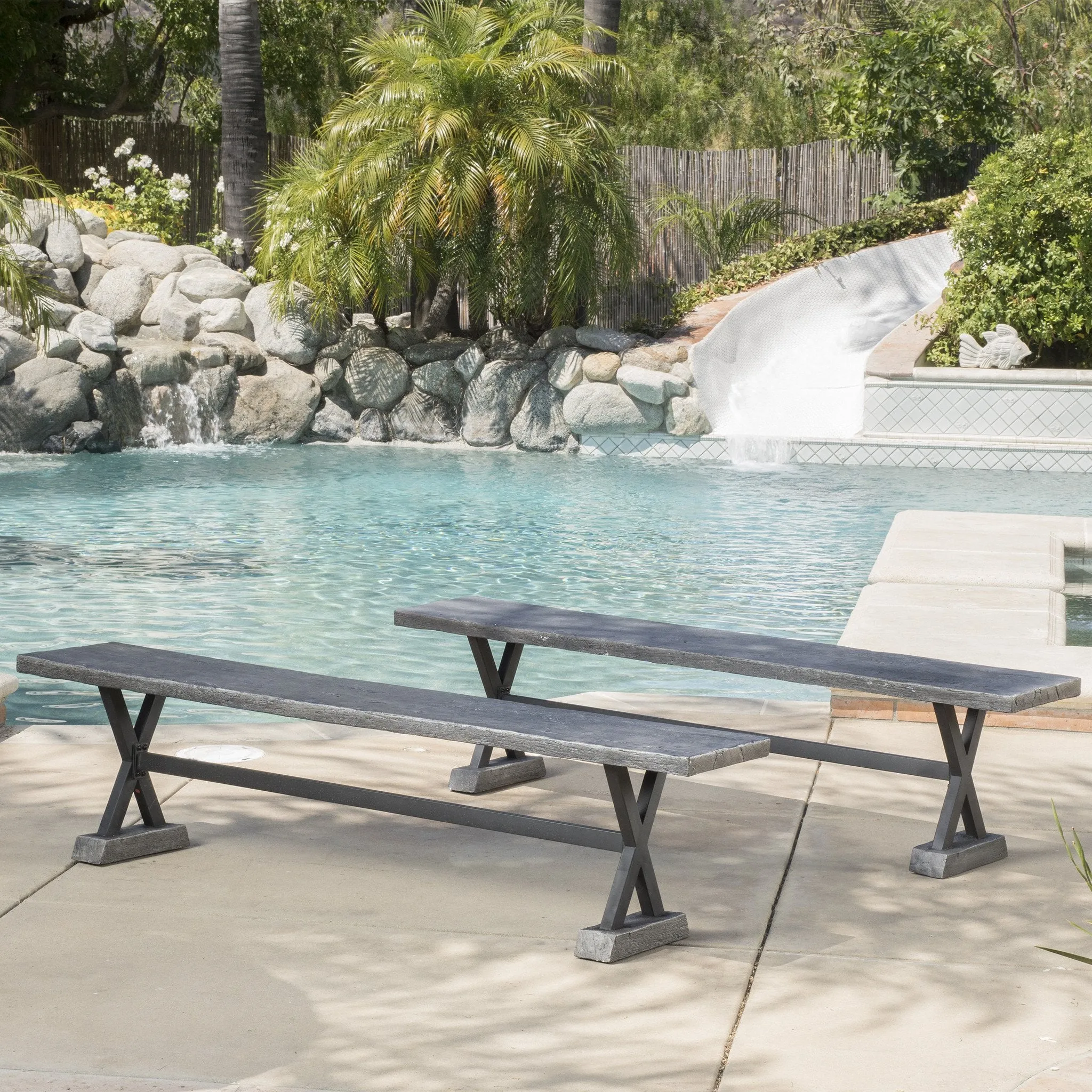 Farmhouse Distressed Gray Lightweight Concrete Dining Benches (Set of 2) - NH498892 patio chairs, outdoor seating