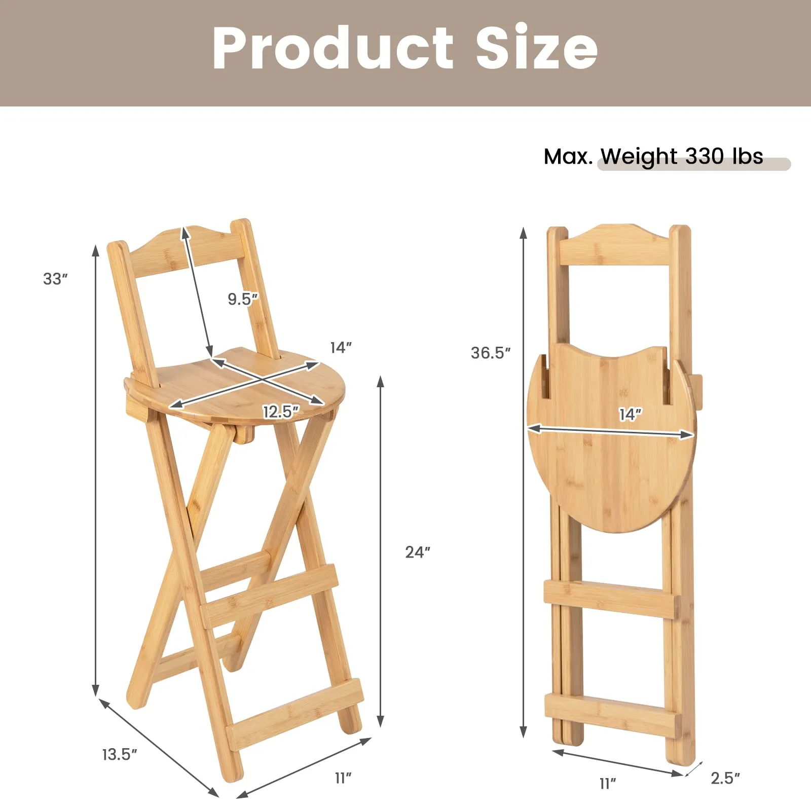 Folding Bamboo Bar Stools 24 Kitchen Counter Height Stool with Backrest & Footrest