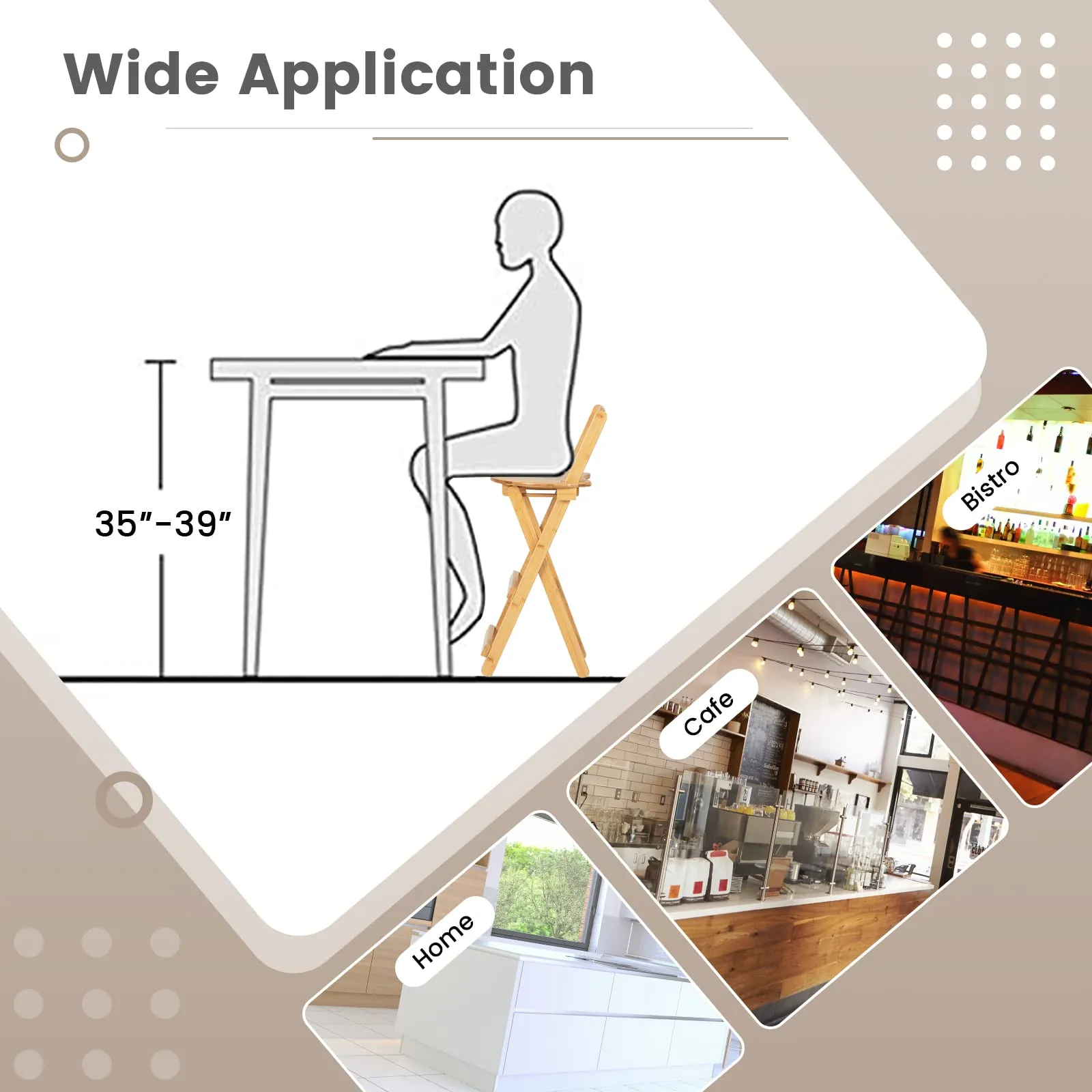 Folding Bamboo Bar Stools 24 Kitchen Counter Height Stool with Backrest & Footrest