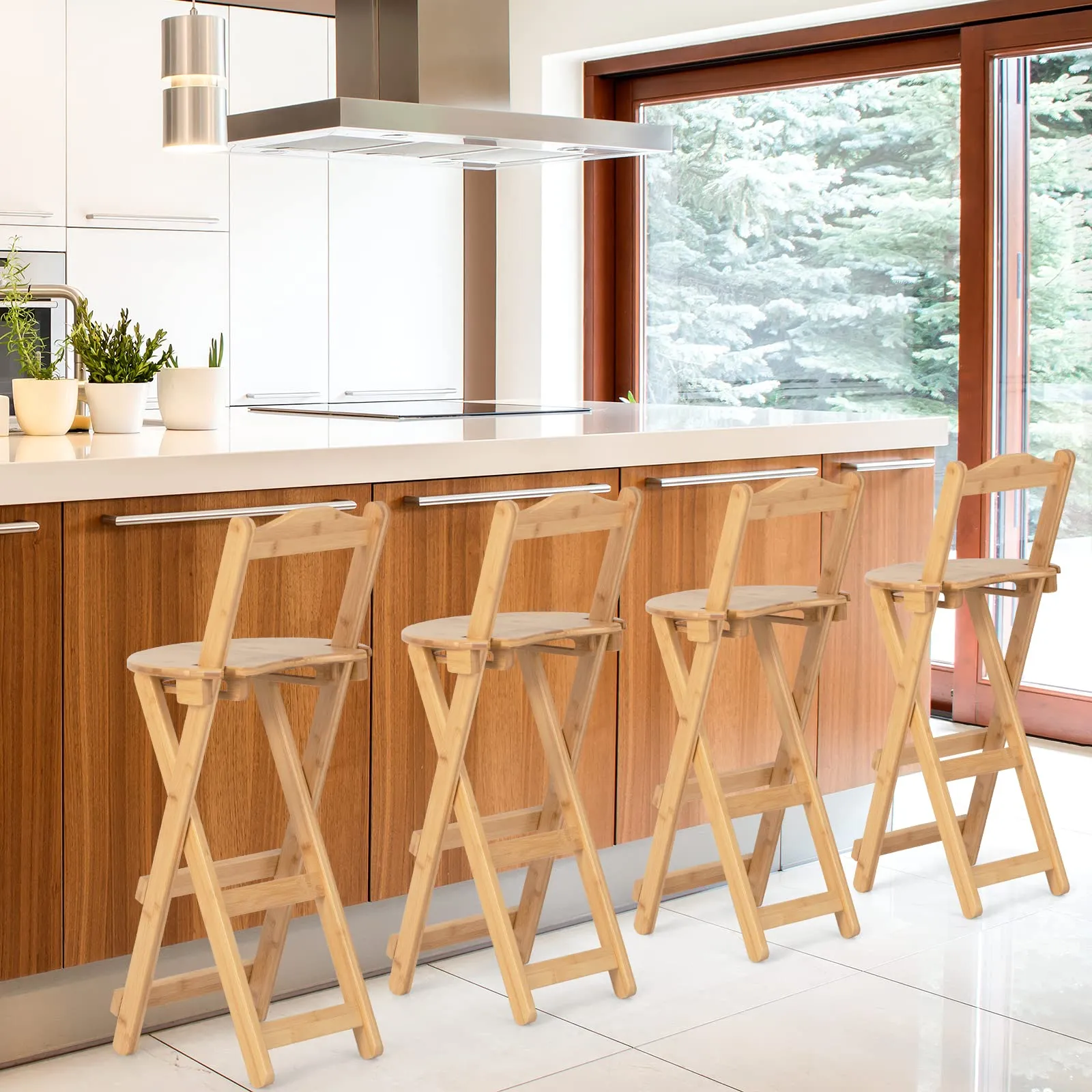 Folding Bamboo Bar Stools 24 Kitchen Counter Height Stool with Backrest & Footrest